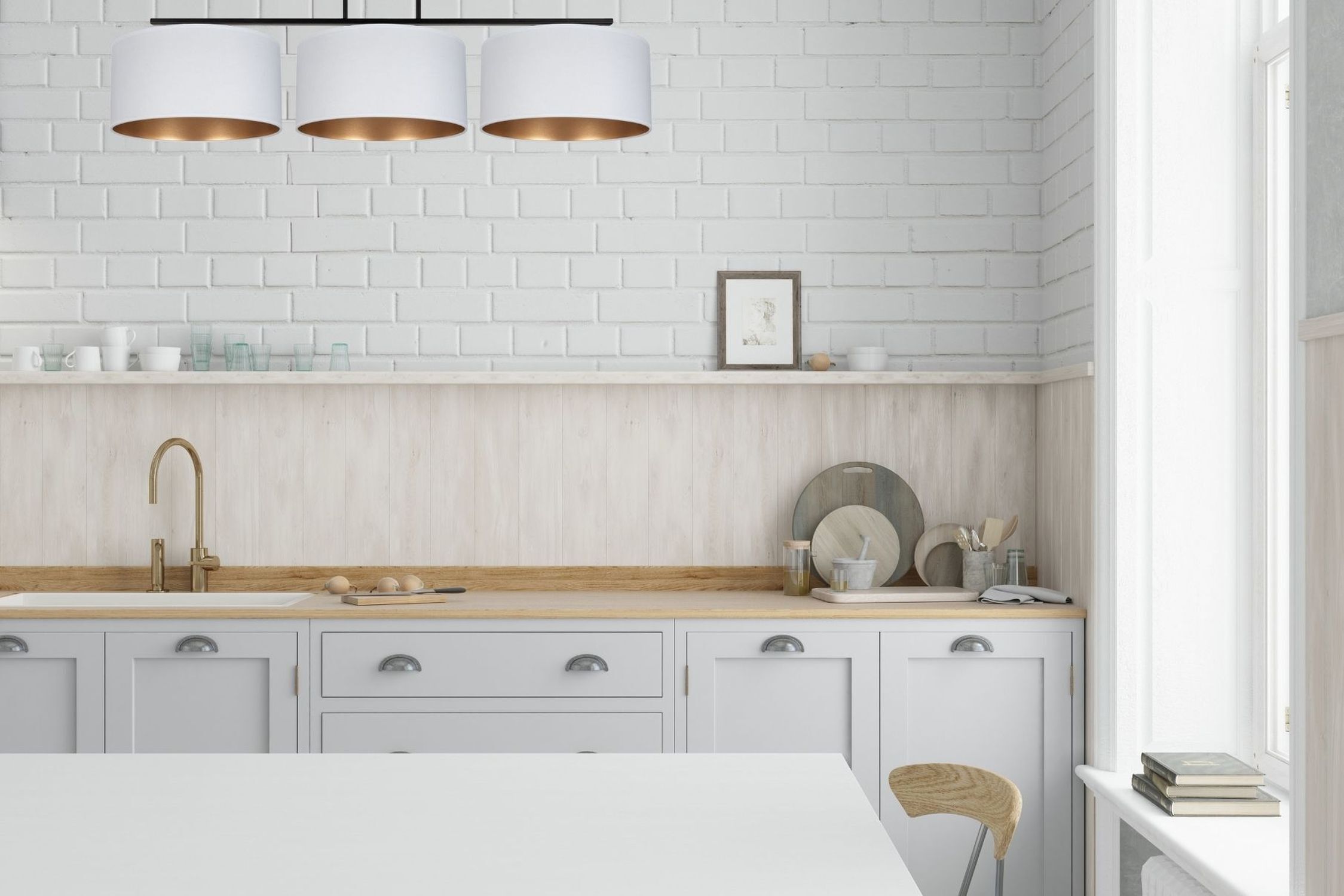 Blendarme Deckenleuchte Stoff Weiß Gold E27 100 cm lang Drinnen, Innenarchitektur, Küche, Spüle, Waschbeckenhahn