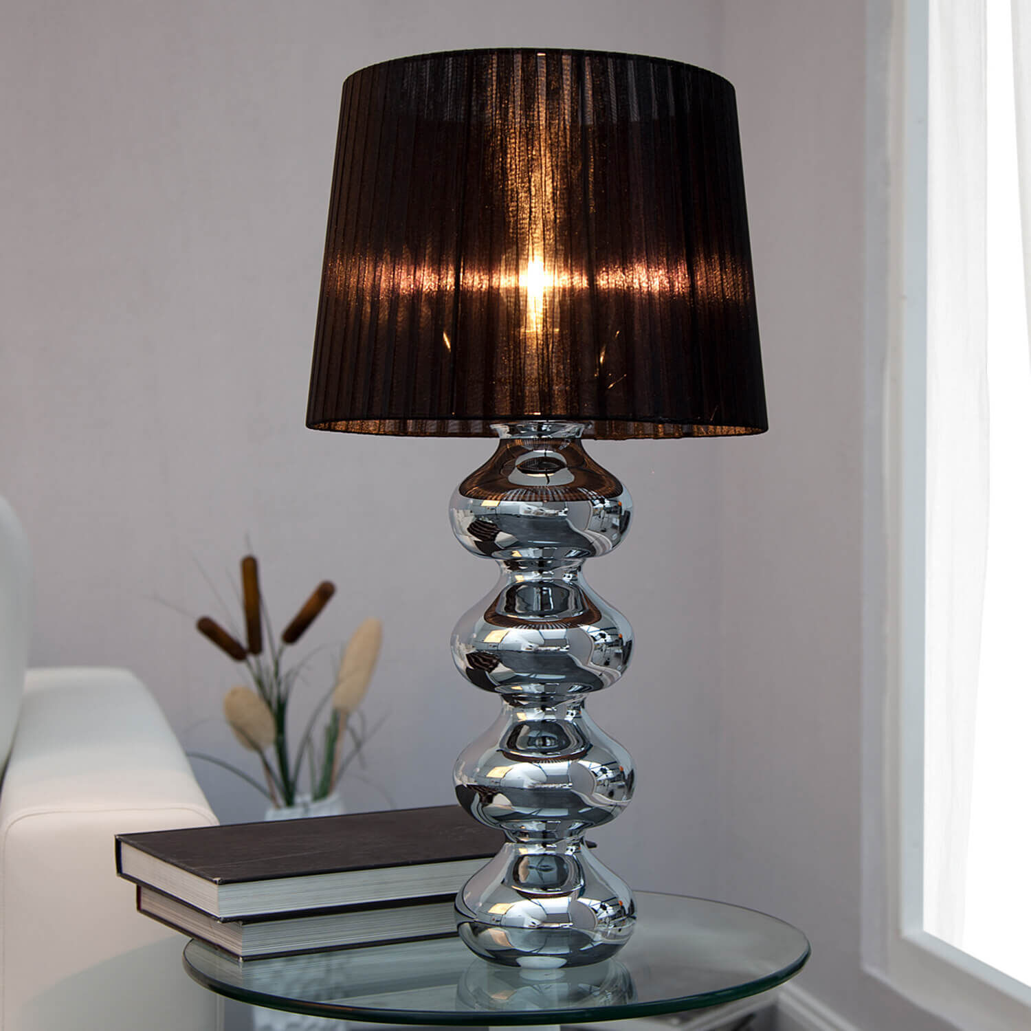 Tischleuchte 50cm Modern Design edel Schwarz Chrom Lampe, Tischlampe, Lampenschirm