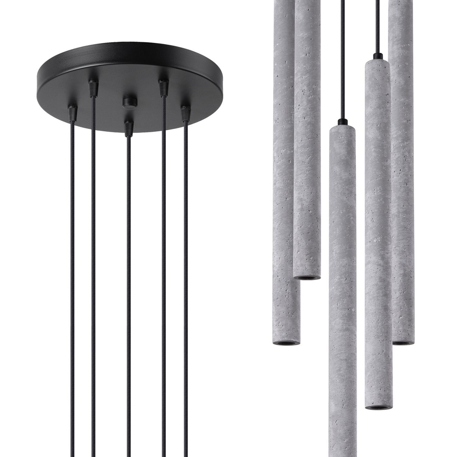Runde Pendelleuchte Beton Grau G9 L:25 cm akzentuiert pendant light, hängende lampe, betonlook, schwarze hardware, mehrfach rohr design
