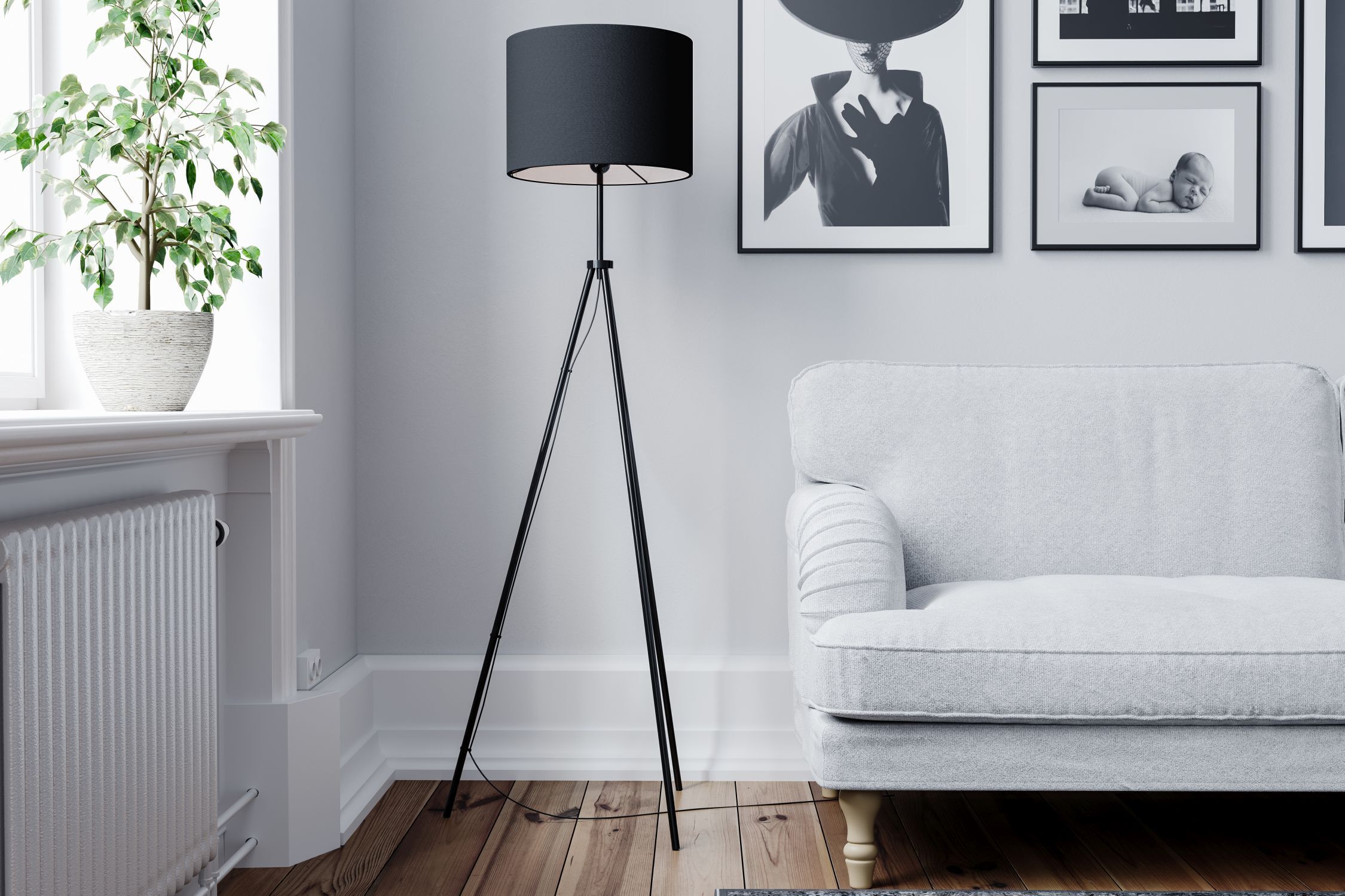 bodenlamp, Stativlampe, schwarzer Lampschirm, Wohnzimmer, Sofa Lampe