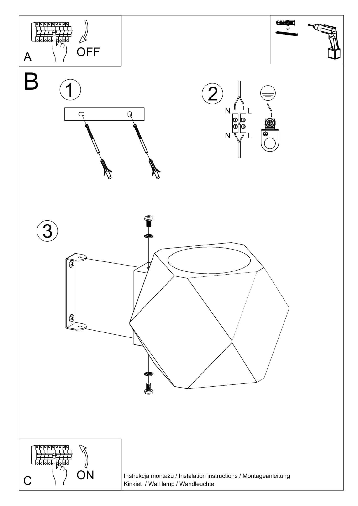 Wandlampe, Wandlampen-Arm, Deckenhalterung, Metallrahmen, Geometrisch