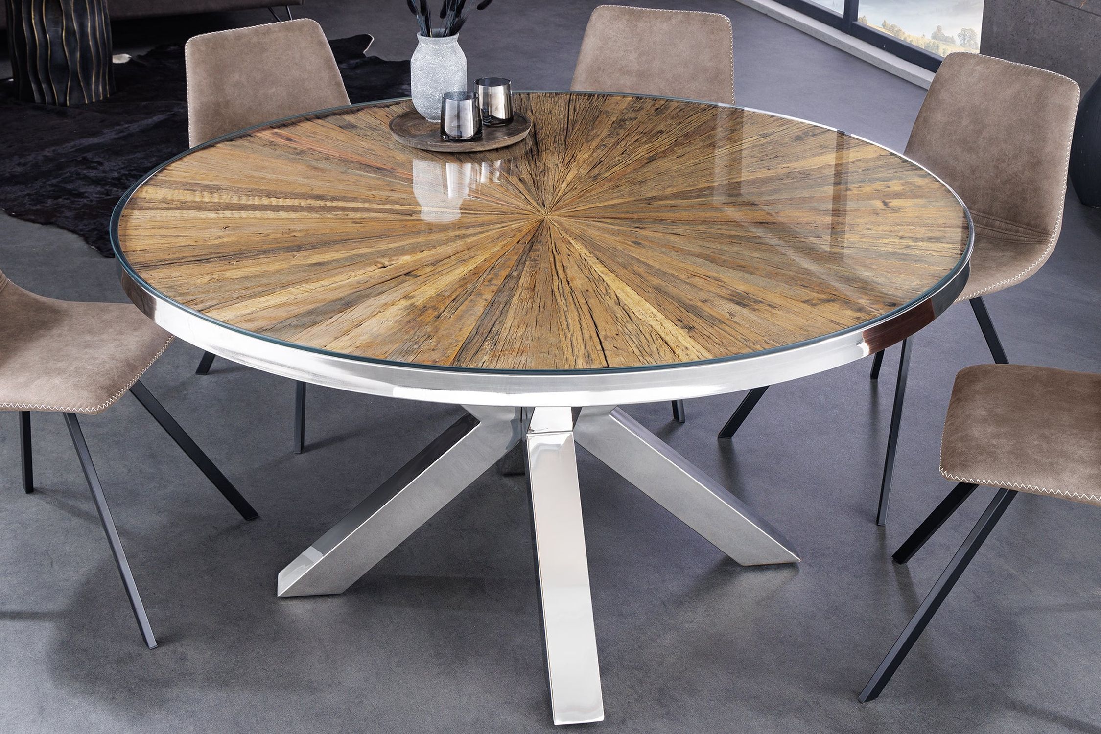 Esstisch Teakholz Hartglas Edelstahl Braun Chrom 120x120 cm