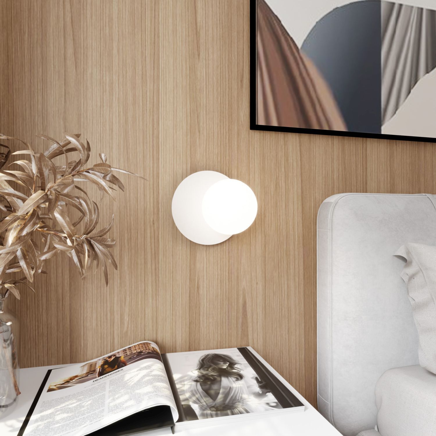 Wandleuchte Glas Metall Weiß Ø 20 cm rund Kugel Schirm E14 Drinnen, Innenarchitektur, Lampe, Holzpaneele, Person