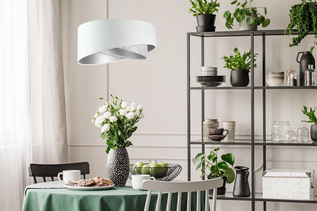 Hängeleuchte Weiß Grau Silber E27 rund D: 50 cm Stoff Lampe, Pflanze, Mobiliar, Tabelle, Esstisch