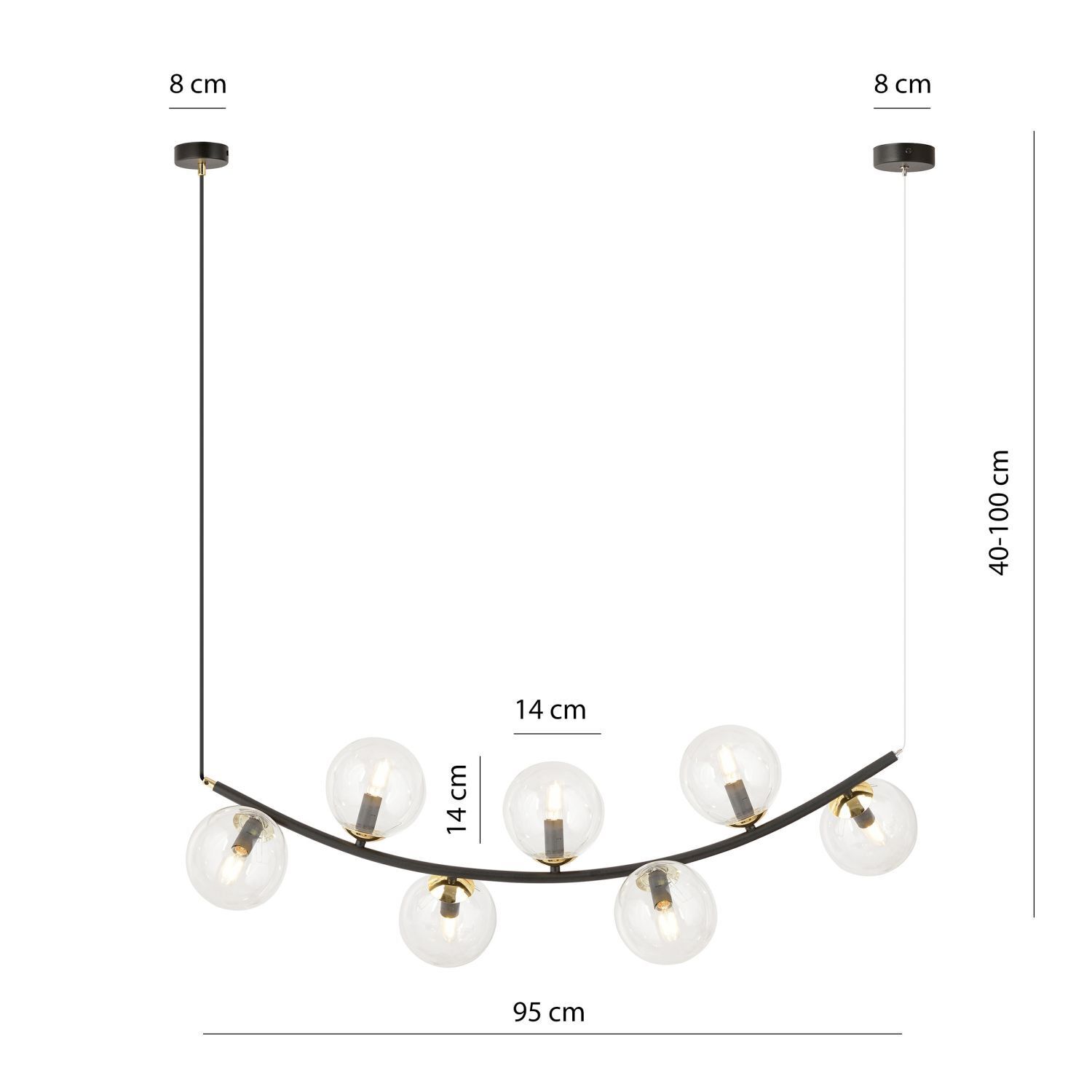 Hängelampe Glas Metall L: 95 cm H: max. 100 cm 7x E14 Leuchter, Lampe