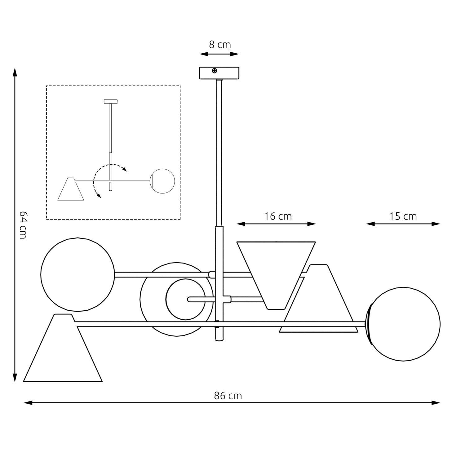 hängende lampe, deckenleuchte, geometrische formen, zylinderstange, runde kugeln