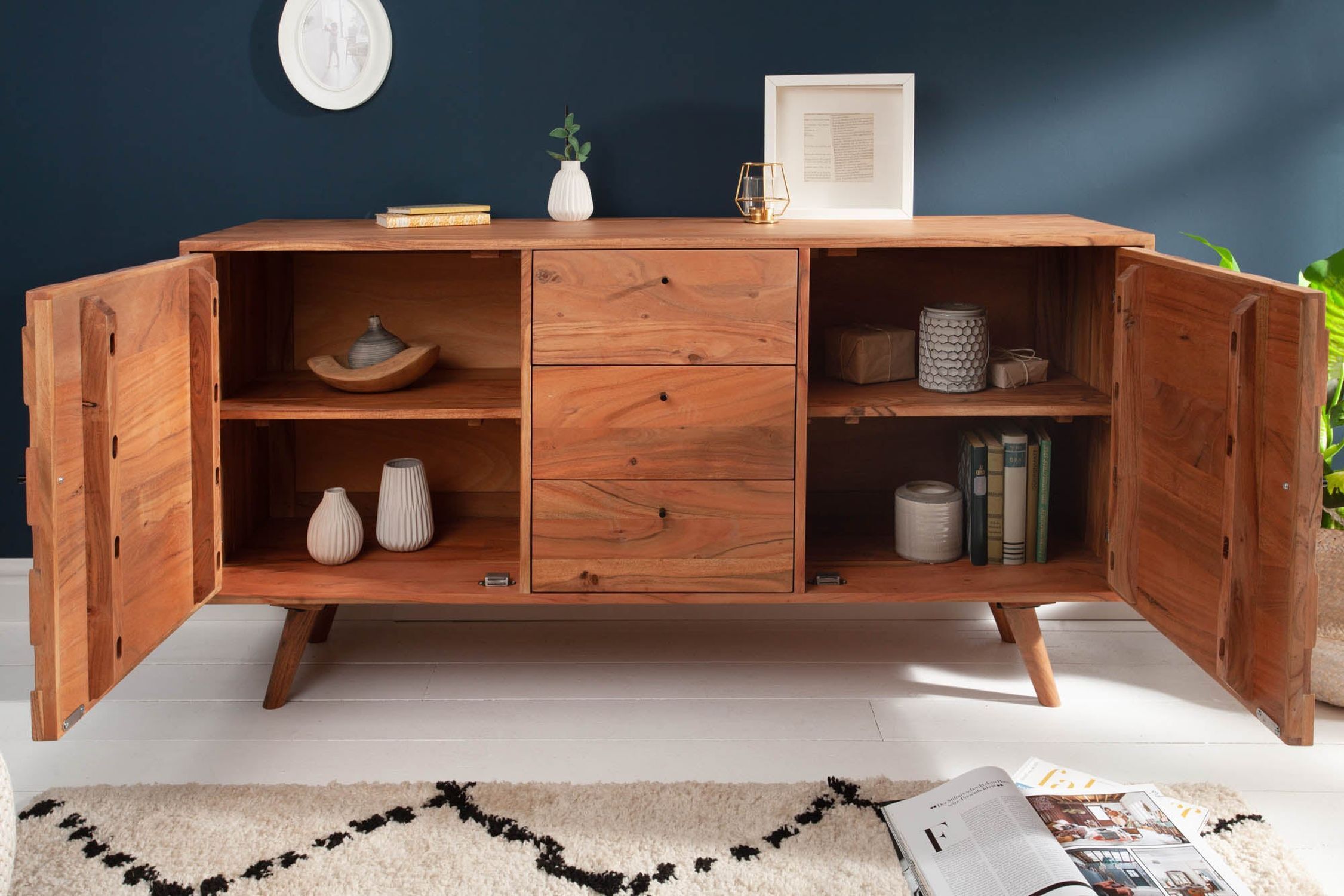 Sideboard Akazie 145 x 75cm 3D-Fronten Retro Schubladen Türen