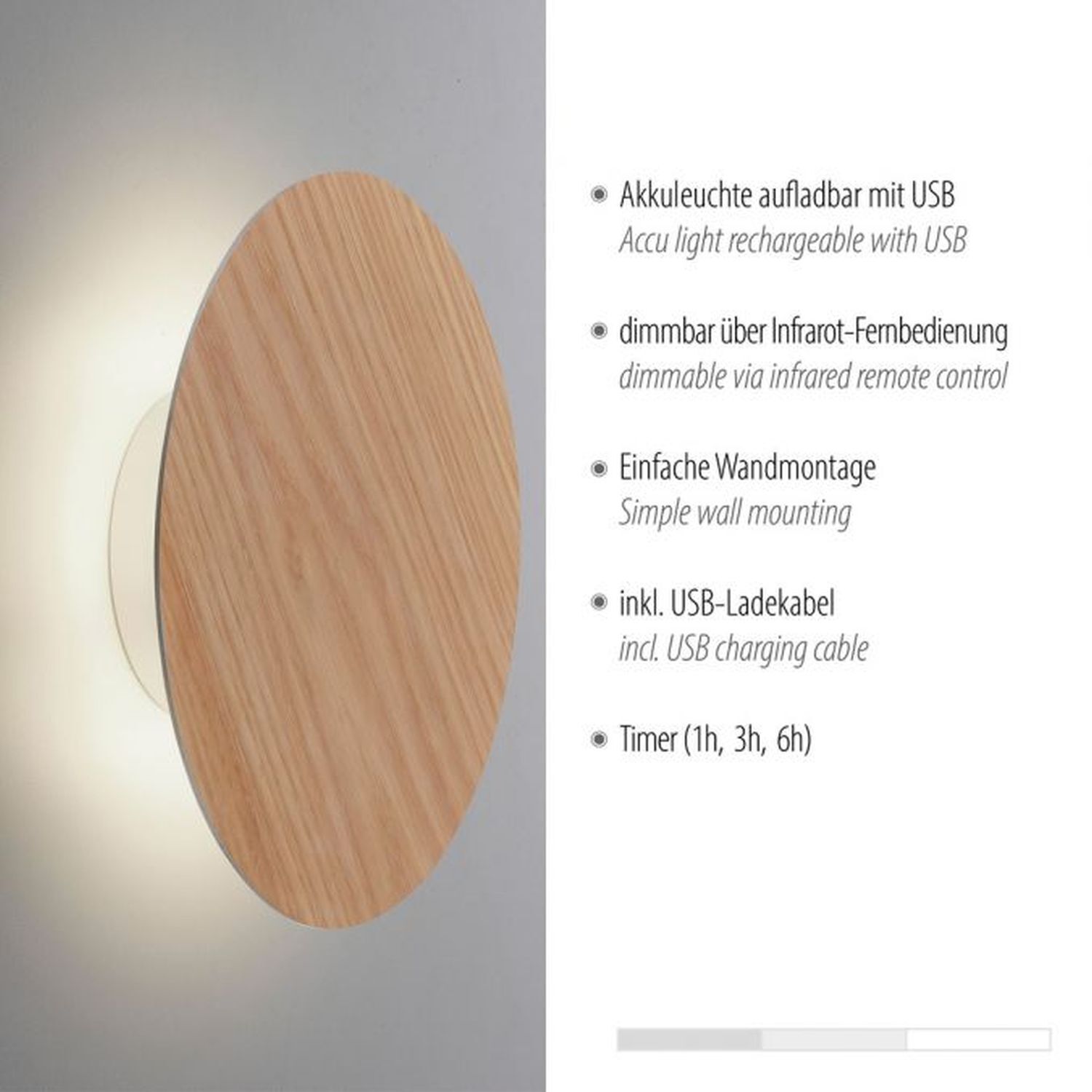 Dimmbare LED Akku Wandlampe Fernbedienung Eichenholz Holz, Deckenleuchte
