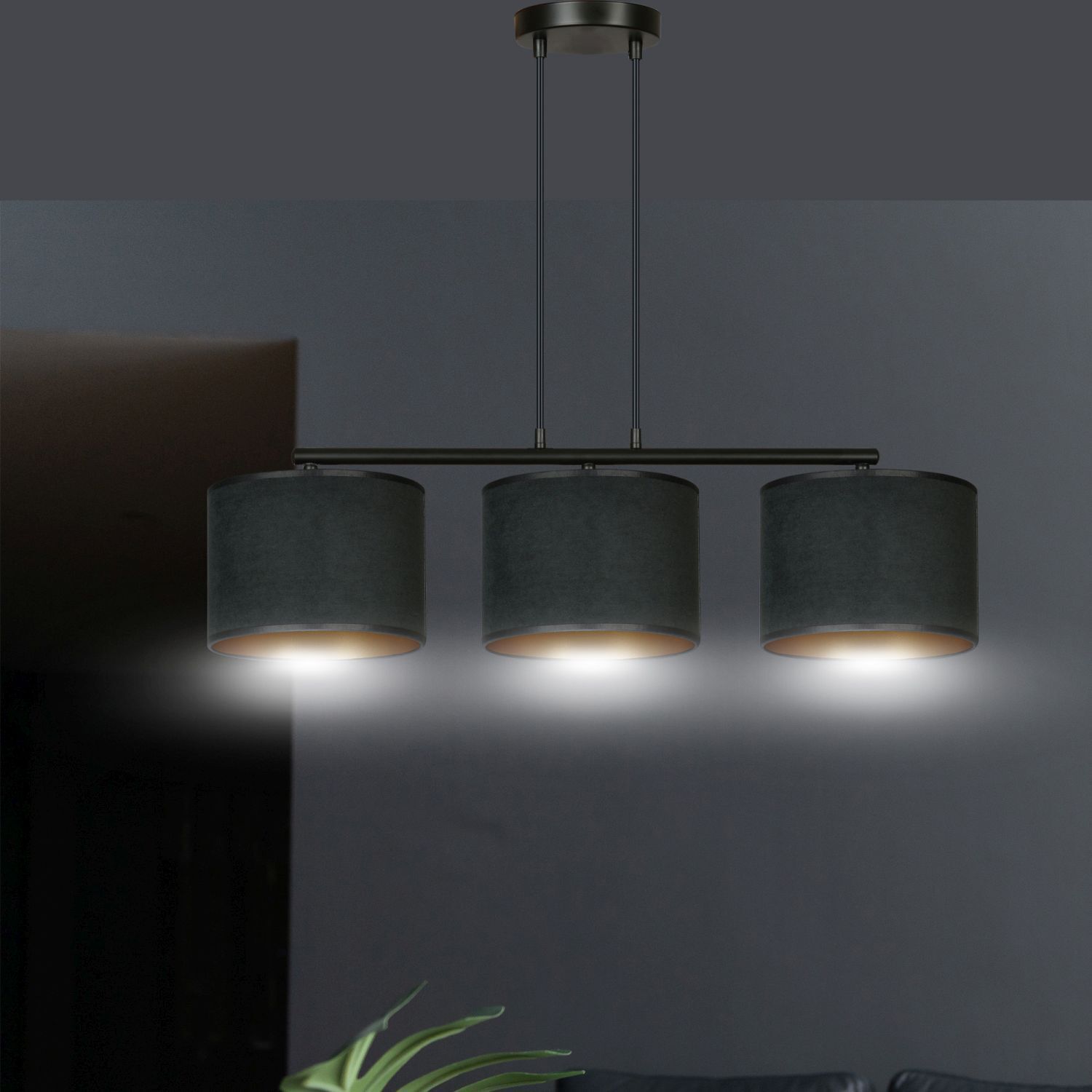 Pendelleuchte Stoff Metall L: 72cm Schwarz Gold 3-flammig E27