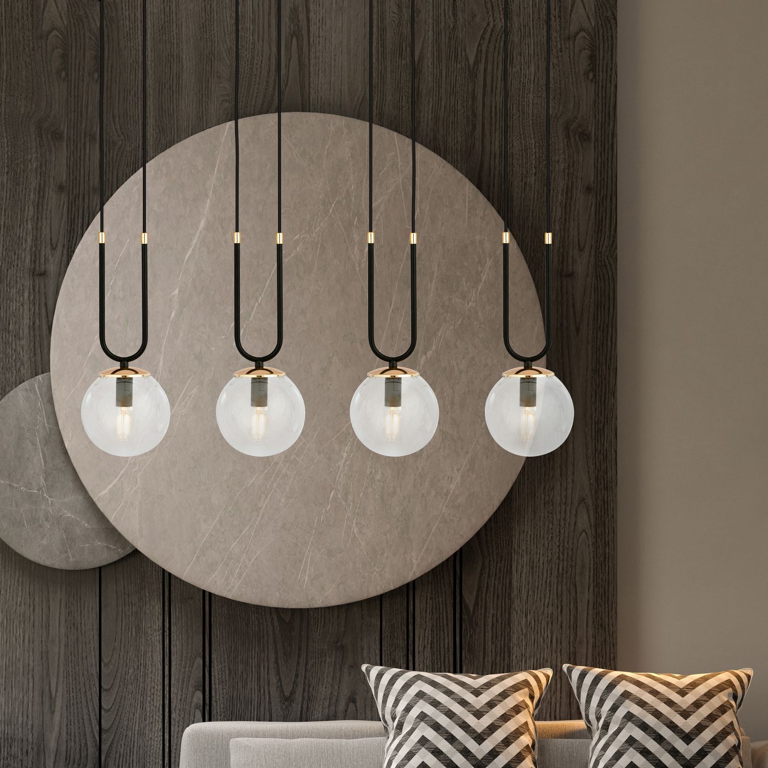 Hängeleuchte 4-flammig E14 Glas Metall B: 92 cm Schwarz Gold
