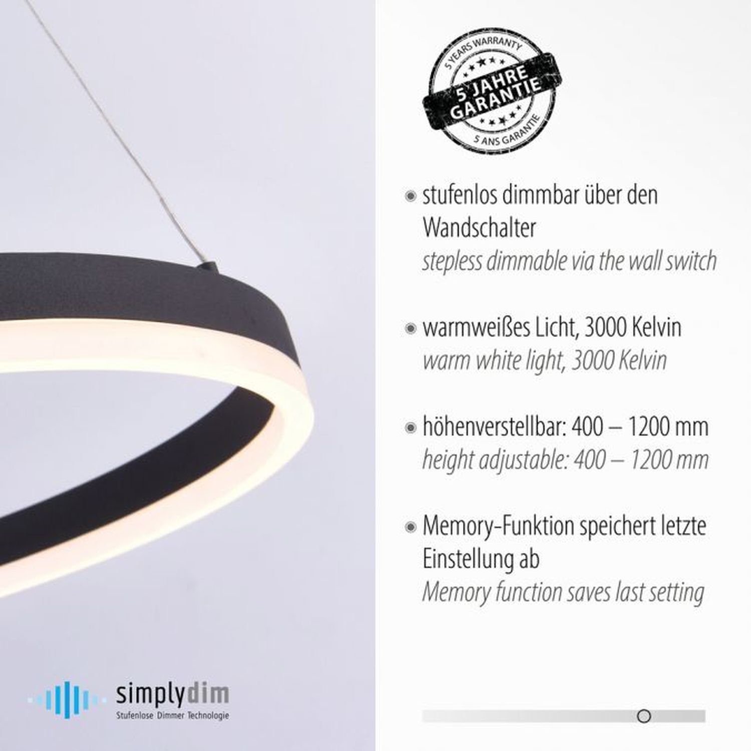 LED Pendelleuchte Anthrazit dimmbar 3000 K Ø60 cm Ring Lampe