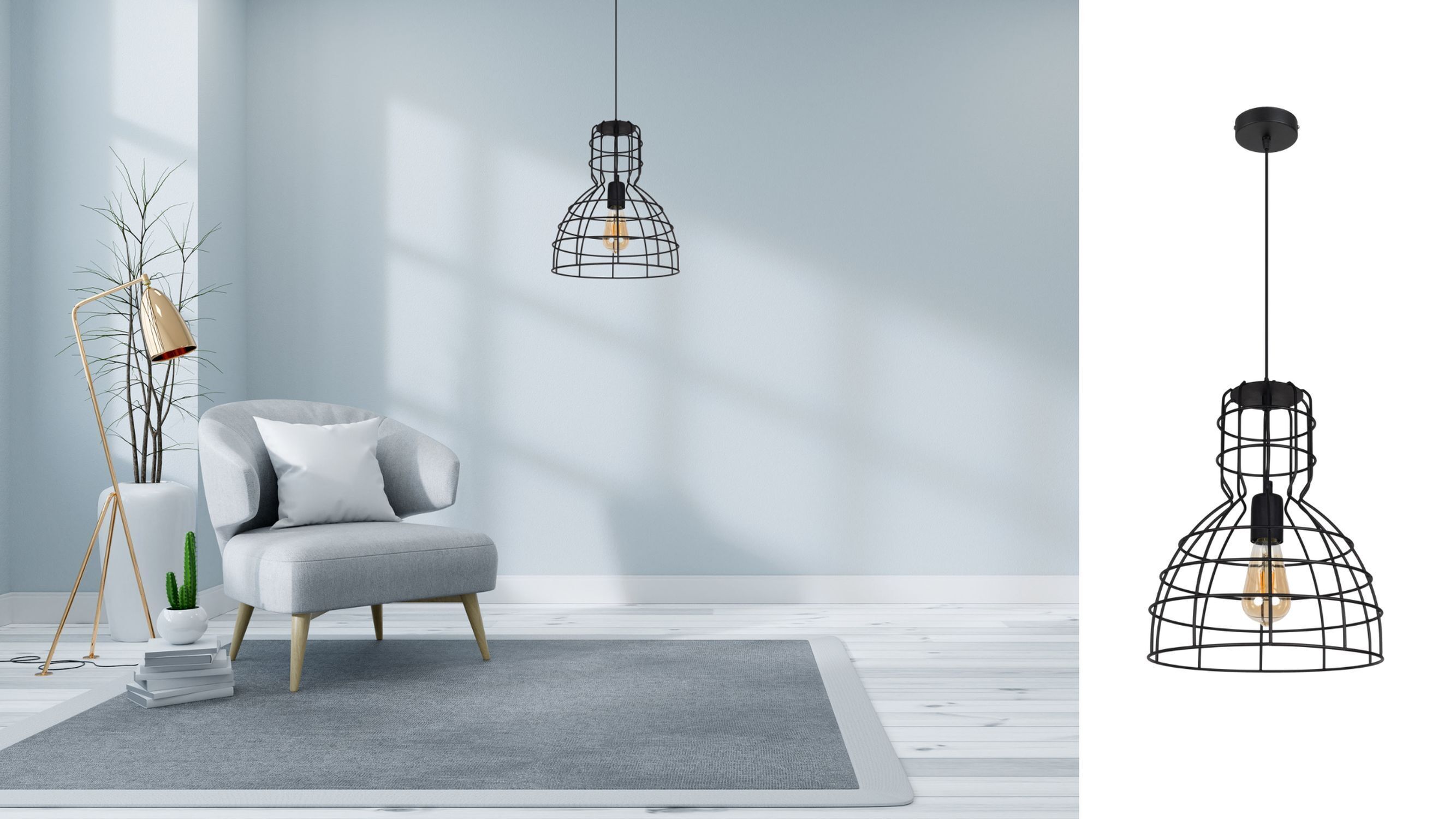 Schwarze Hängelampe Drahtschirm Metall Ø30 cm E27 Loft pendant light, wire frame, schwarzmetall, Glühbirne sichtbar, Wohnkultur