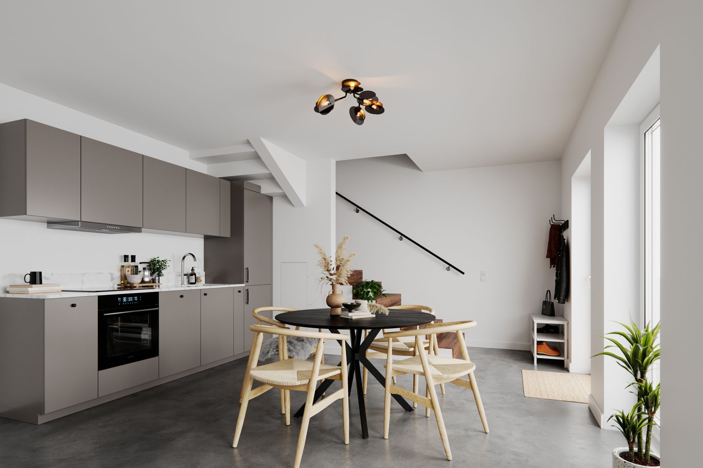 Küche, offener Grundriss, runder Tisch, Holzstühle, graue Schränke