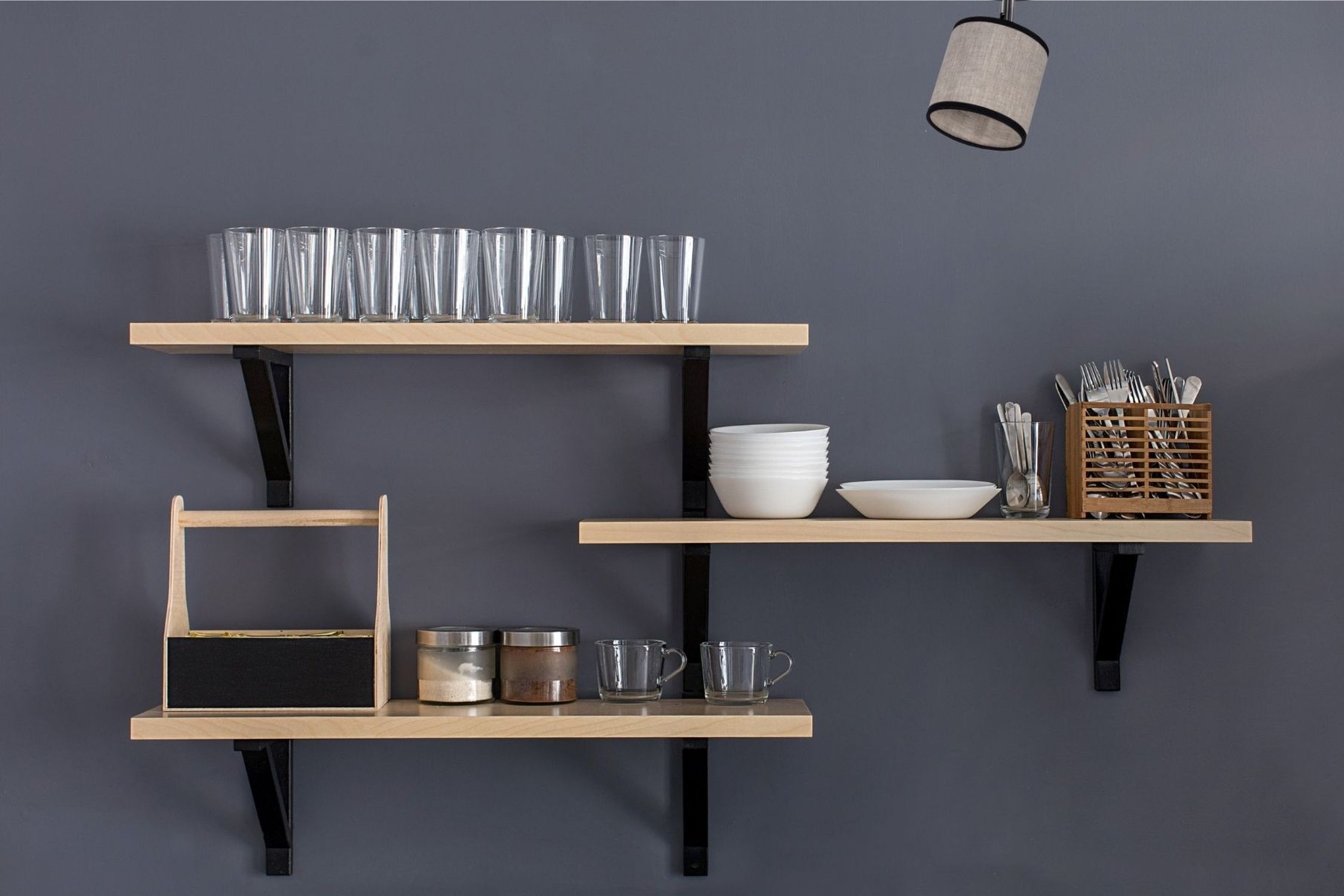 regal, küchenregal, geschirr, gläser, deko-glas