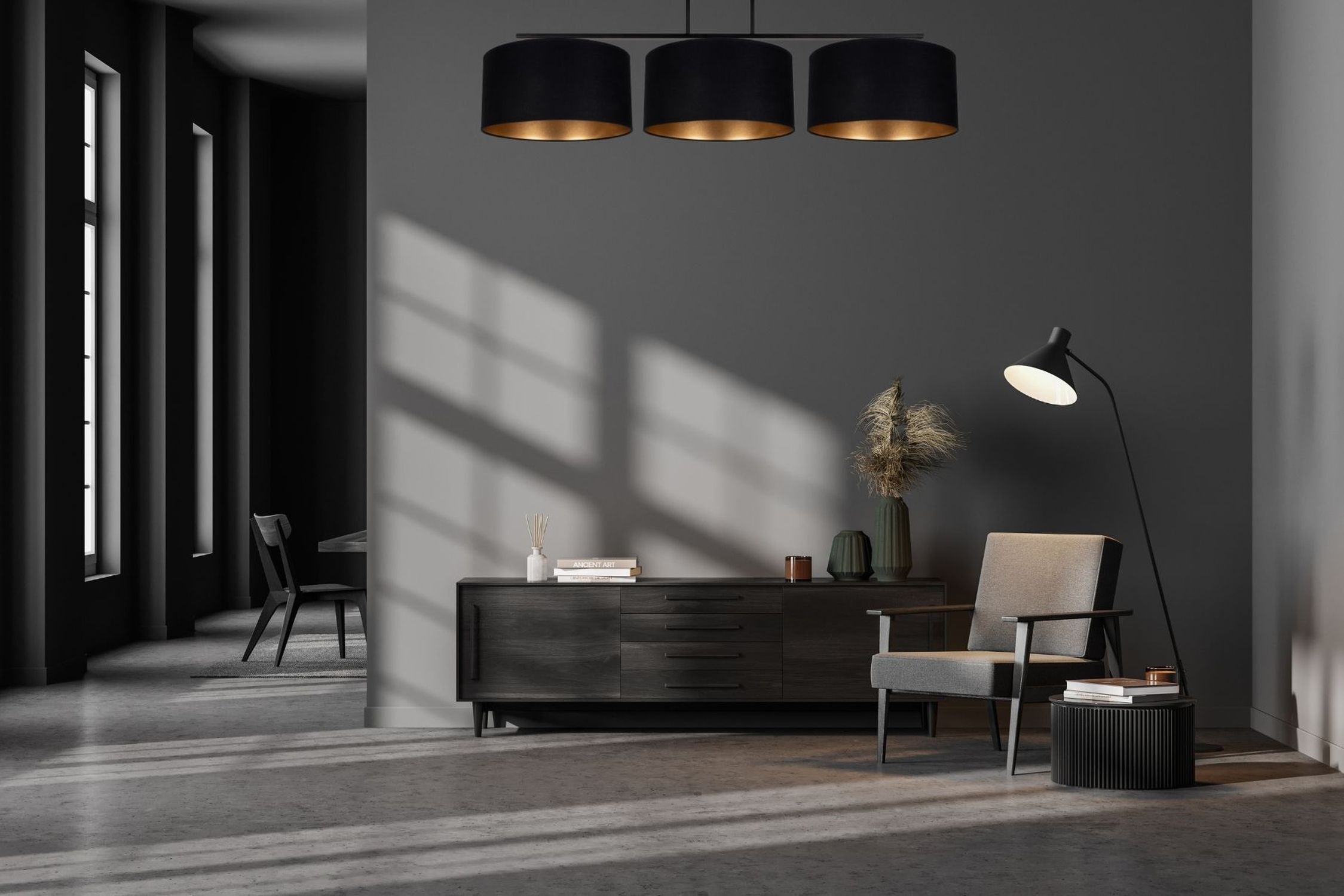 Gemütliche Deckenleuchte Stoff Schwarz Gold E27 100 cm Lampe, Fußboden, Stuhl, Mobiliar, Bodenbeläge