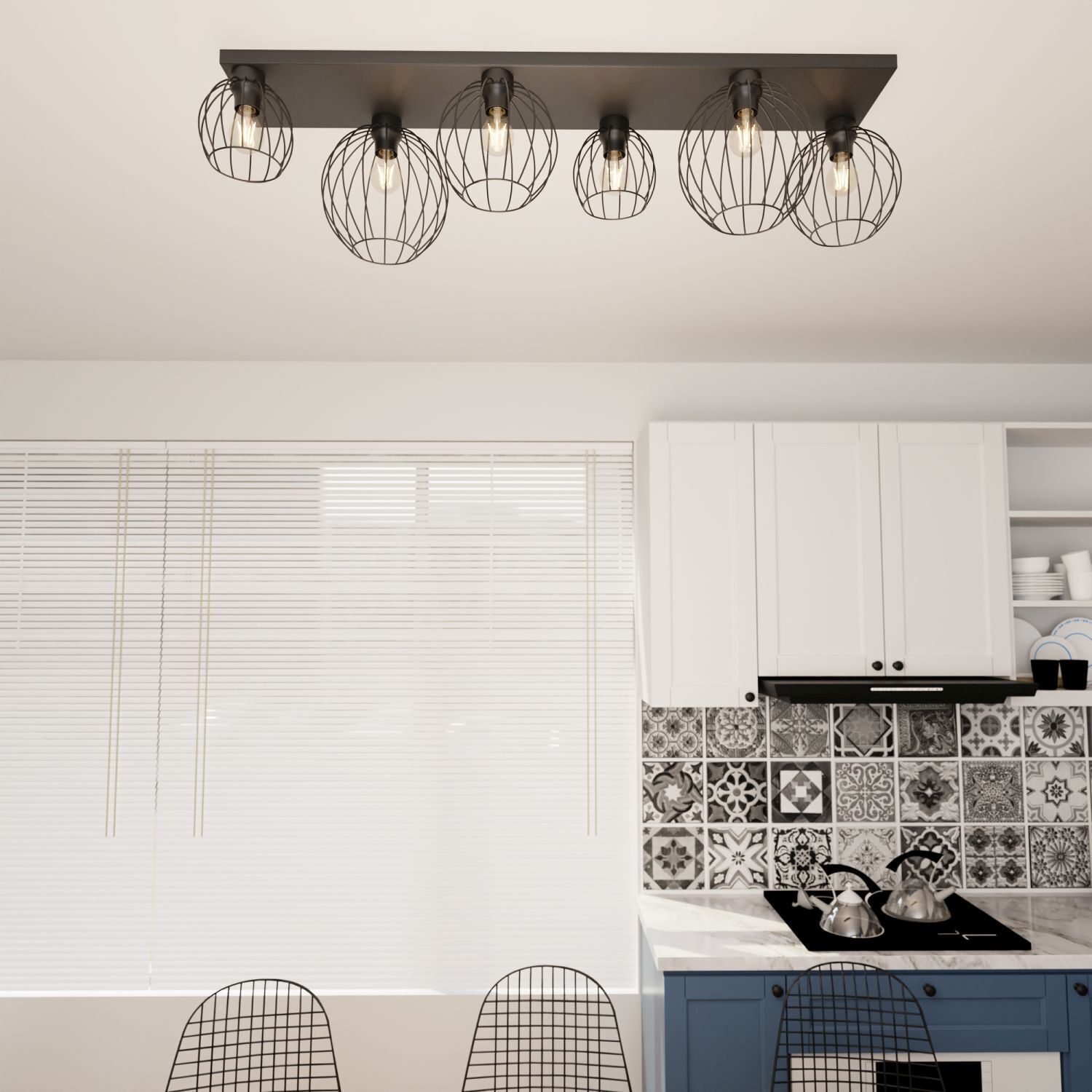 pendant lights, Deckenleuchte, Gitterkörbe, Küchenbeleuchtung, Glühbirnen sichtbar