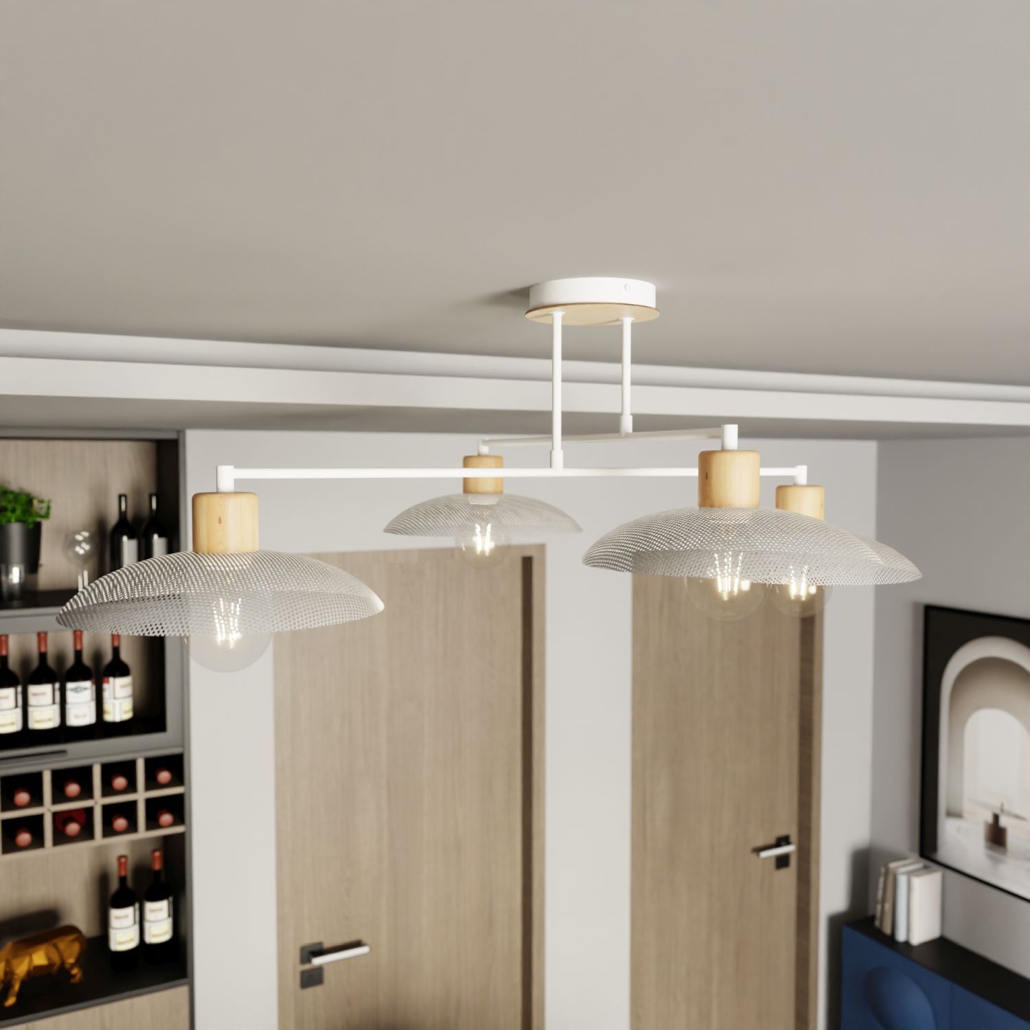 Deckenleuchte Weiß Holzoptik 100 cm groß Metall E27 4-flammig