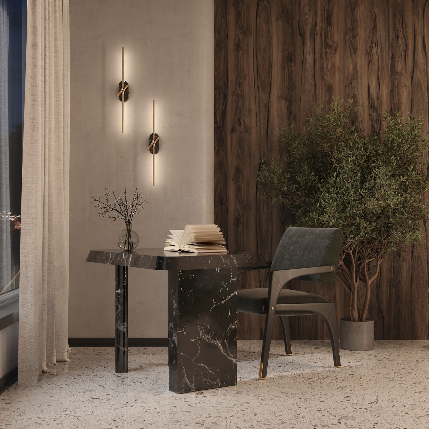 LED Wandleuchte Metall H: 63 cm länglich 170 lm Modern Innenarchitektur, Stuhl, Pflanze, Holzpaneele, Schreibtisch