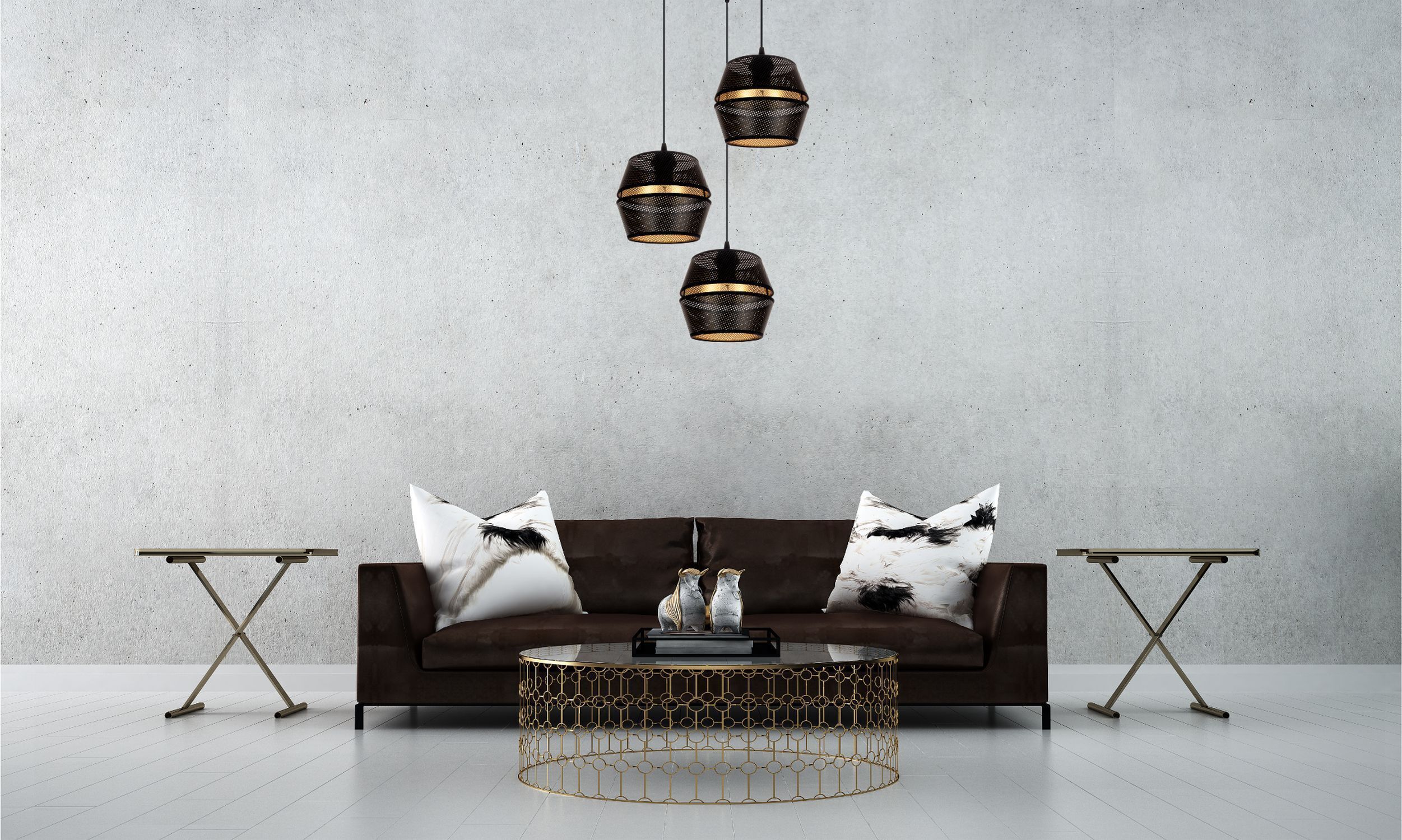 Runde Hängelampe Schwarz Gold Metall B:45 cm E27 3-flmg