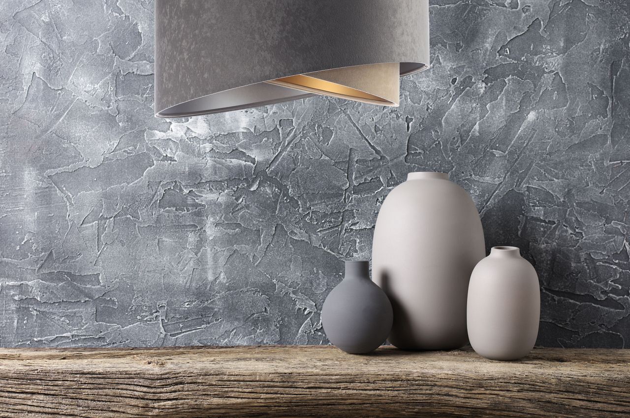 Pendelleuchte rund Ø 50 cm Grau Silber Beige Gold E27 Stoff Drinnen, Innenarchitektur, Lampe, Töpferei, Krug