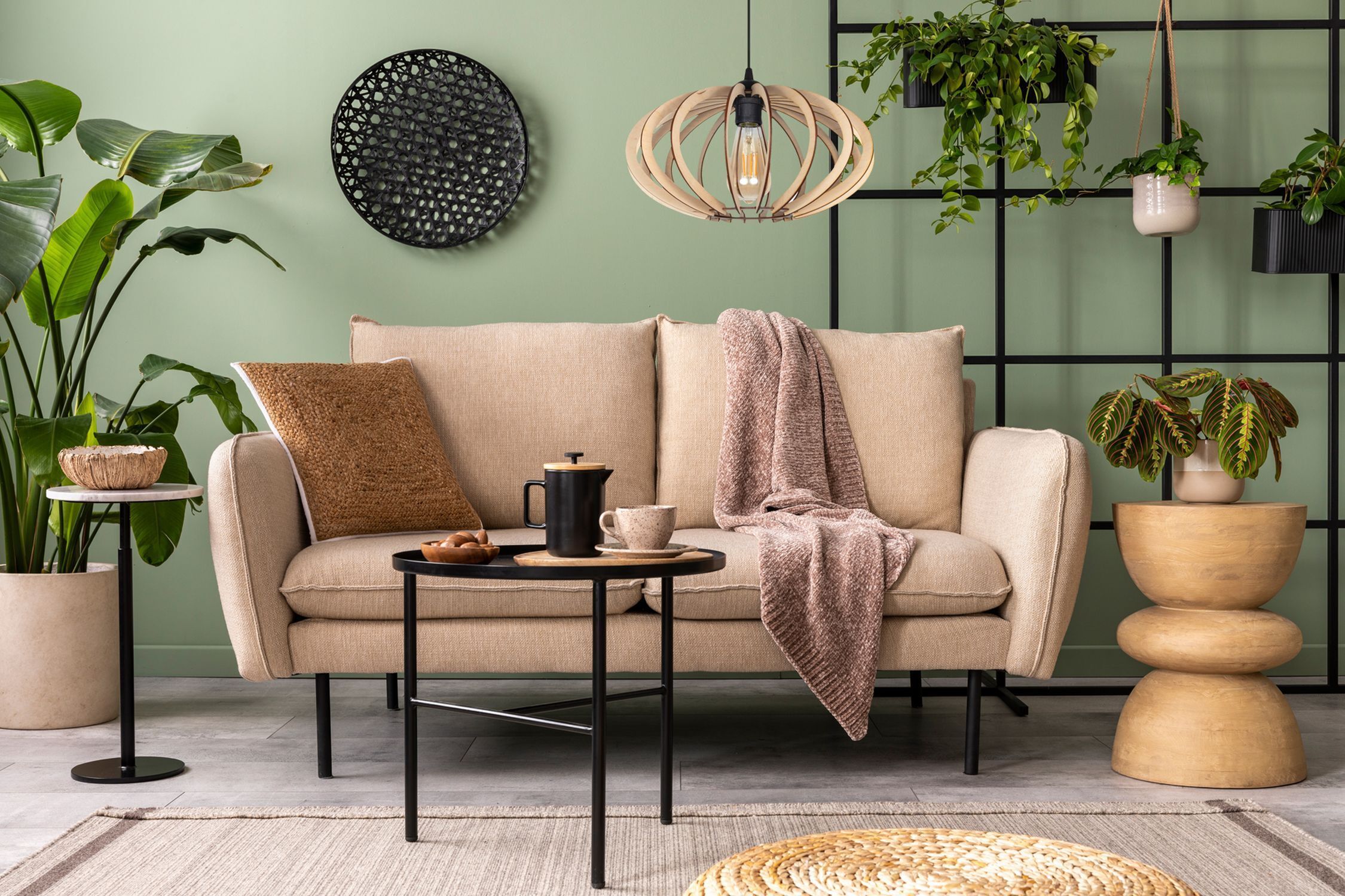 Dekorative Hängeleuchte Holz E27 Ø35 cm in Schwarz Dekoration für Zuhause, Pflanze, Lampe, Innenarchitektur, Tabelle