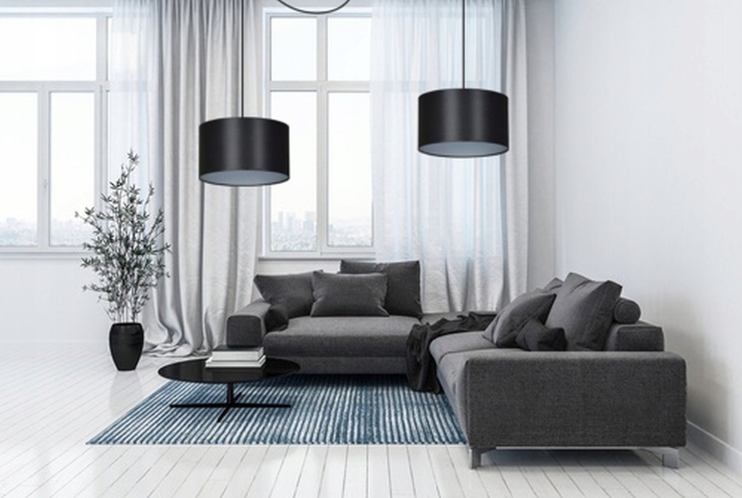 Hängeleuchte verstellbar Schwarz Silber Stoff Modern