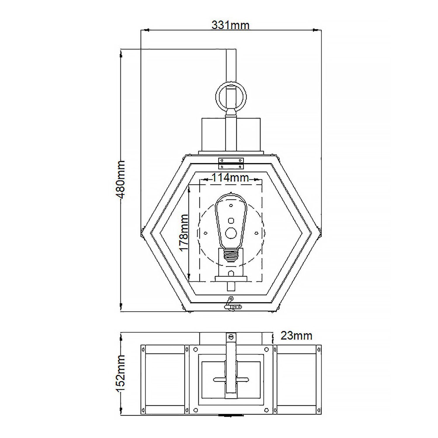 Wandleuchte außen Schwarz E27 IP44 48 cm hoch Vintage CAD-Diagramm, Diagramm