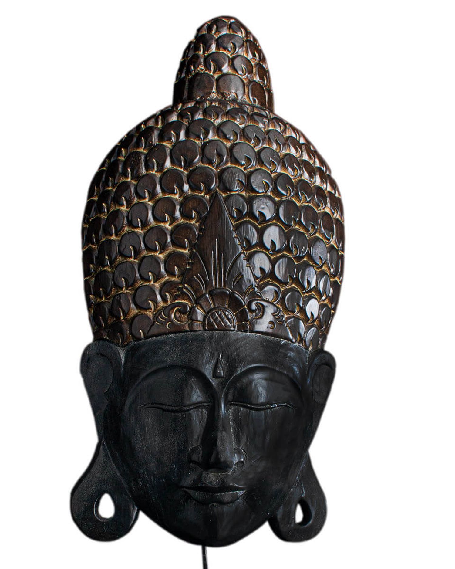 Wandlampe Holz 62,5 cm hoch mit Schalter Stecker E27 Buddha statue, Buddha head, carved figure, dunkle Skulptur, Ohrenringe ähnlich