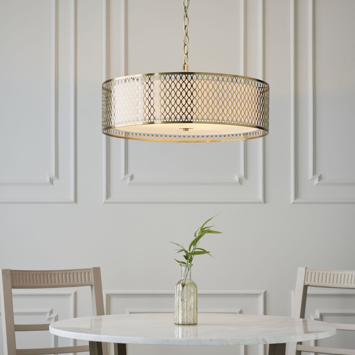 Hängeleuchte Metall Glas Stoff Ø 56 cm rund Gold Weiß 3x E27
