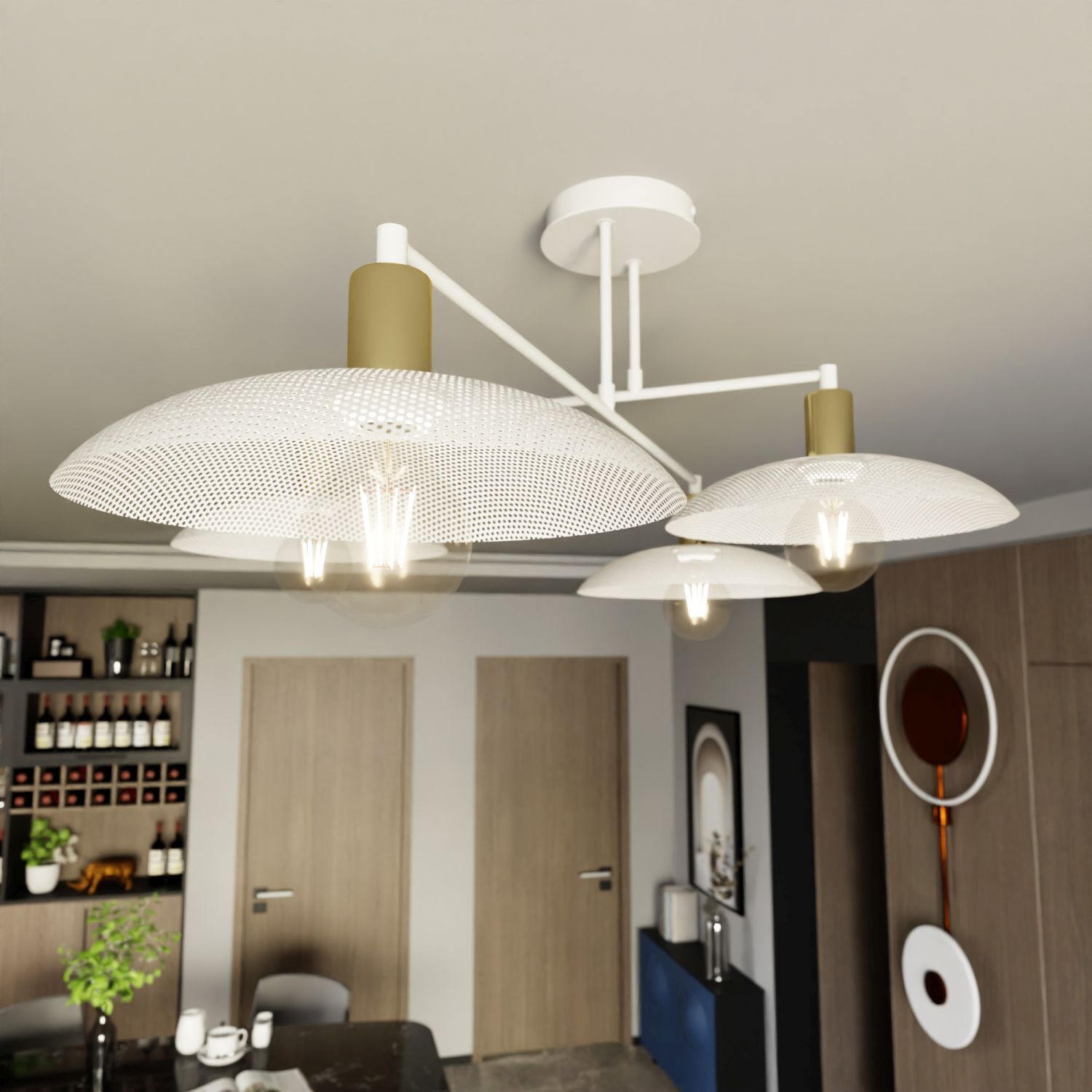Deckenlampe Weiß Gold 100 cm lang E27 4-flammig Metall Drinnen, Innenarchitektur, Leuchte, Deckenleuchte, Deckenventilator