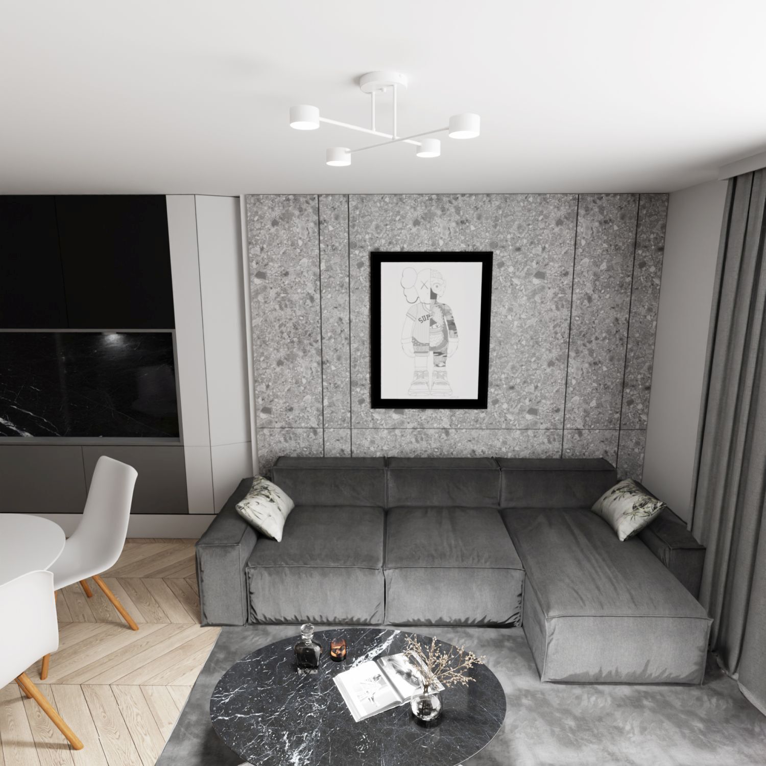 Deckenlampe Weiß Metall GX53 4-flammig akzentuiert Wohnzimmer, Sofa, Gemustert, Graue Möbel, Kaffeetisch