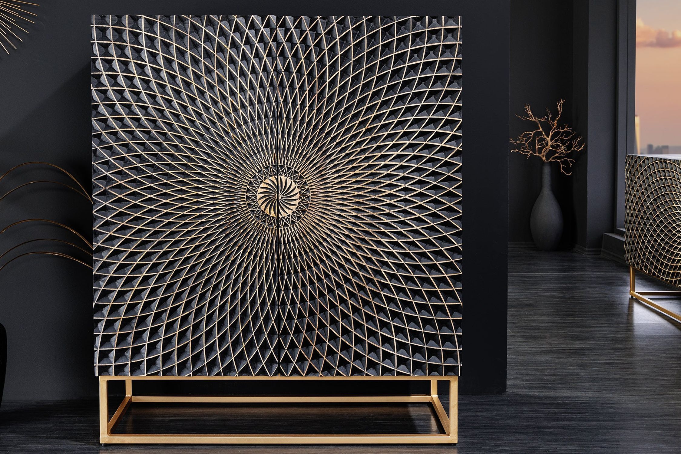 Highboard Schwarz Gold 100 x 120 cm (BxH) Holz Eisen Drinnen, Innenarchitektur, Maschine, Rad
