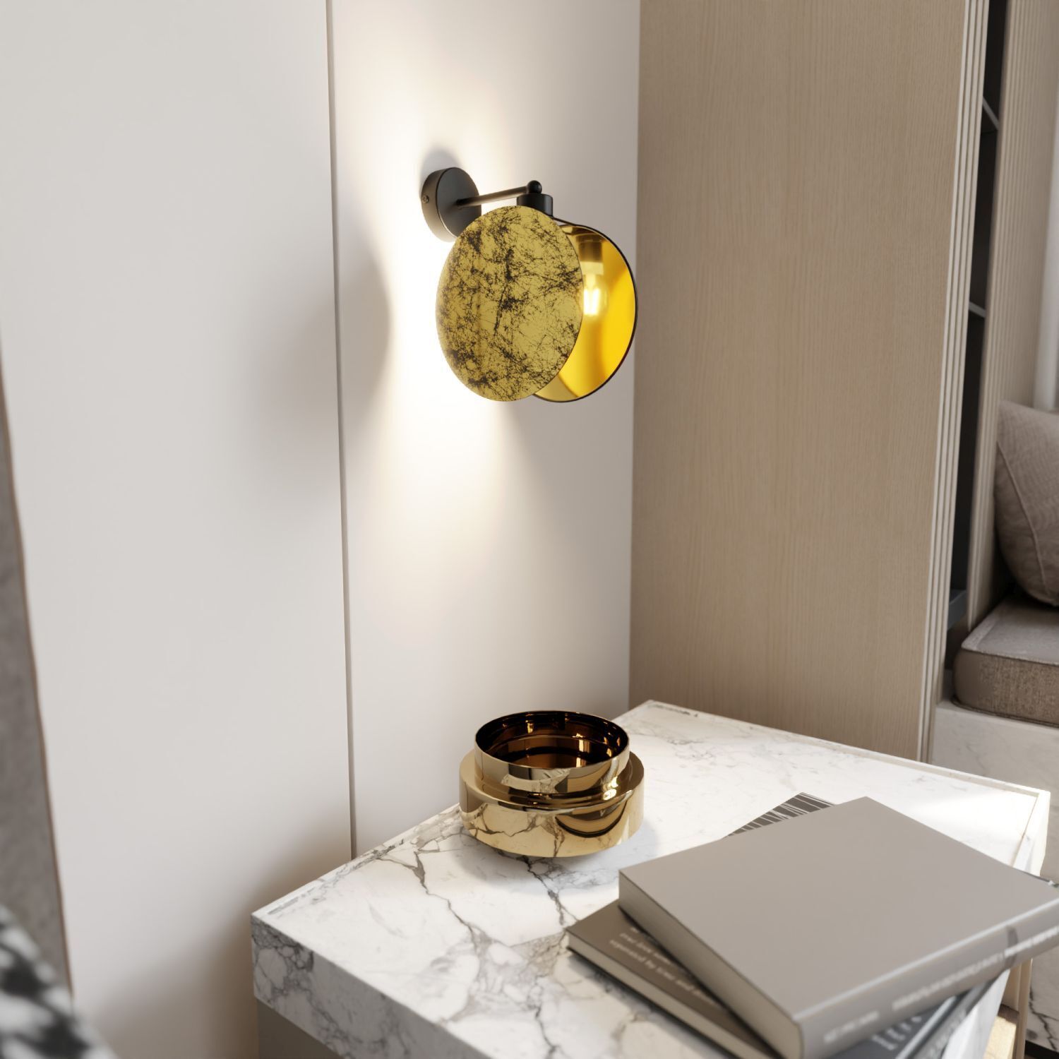 Wandlampe Stoff Metall Ø 20 cm Steinoptik Schwarz Gold E27