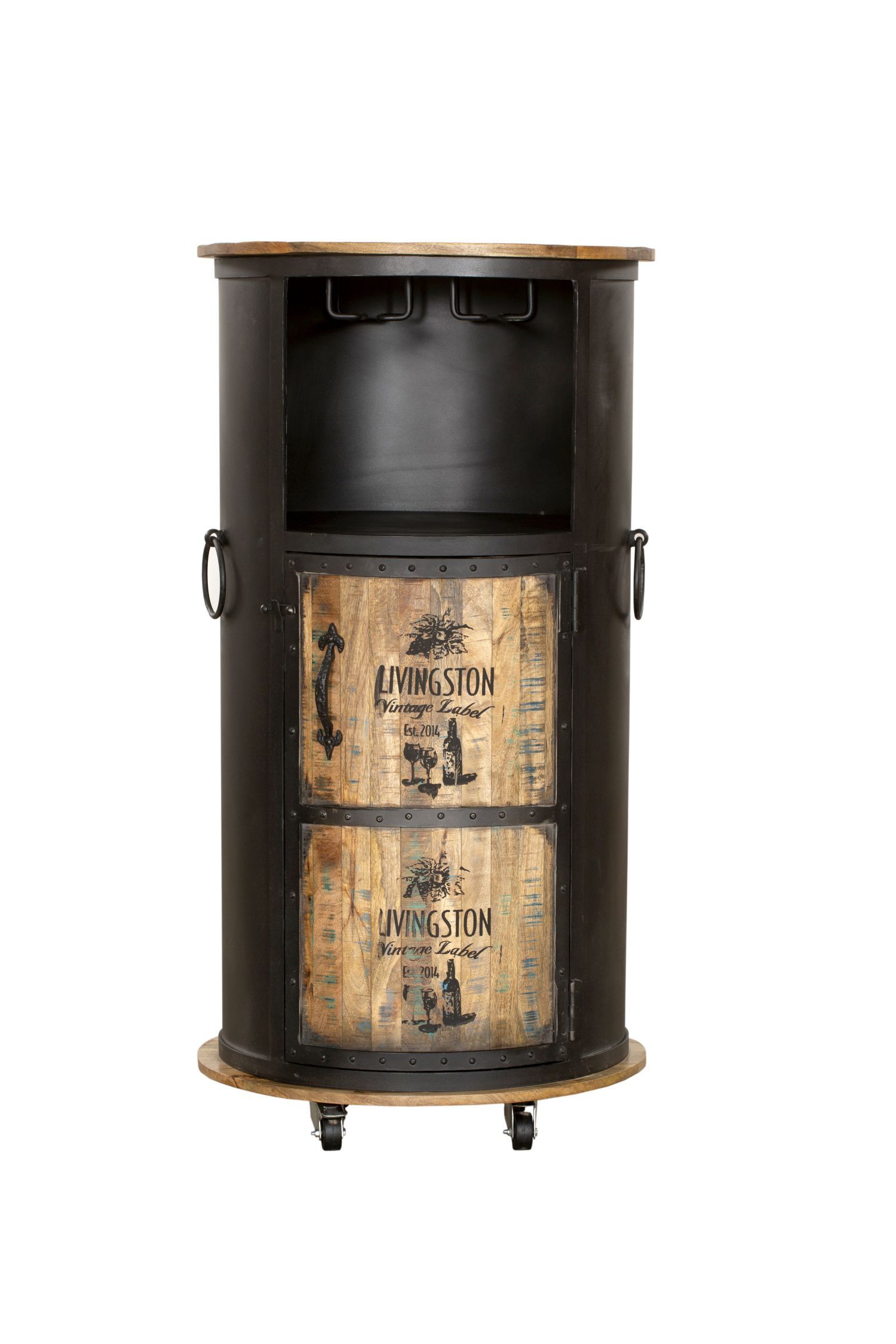 Barschrank mit Rollen H: 115 cm Stahl Holz Schwarz Natur