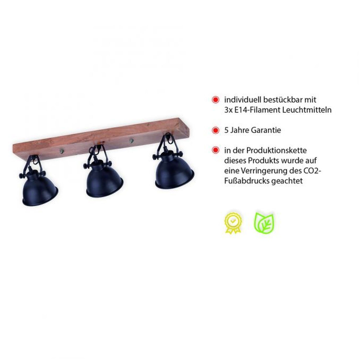 Industrial Deckenspot Holz Metall Schwarz E14 74 cm