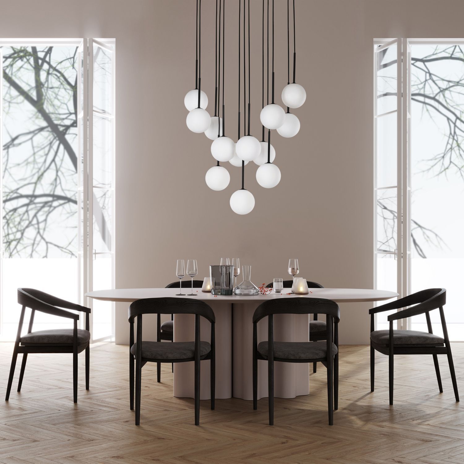 Hängeleuchte Kugel Glas Metall L: 60 cm Schwarz Weiß 13x G9