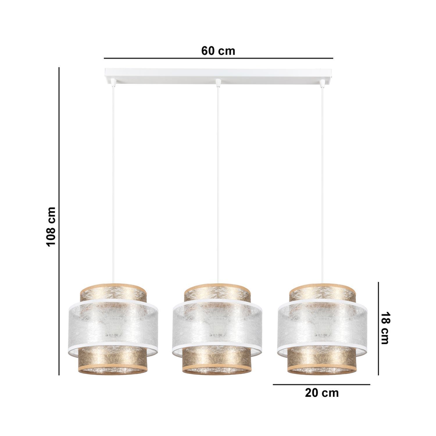 Längliche Pendelleuchte Stoff Metall E27 3-flmg 75 cm Deckenleuchte, Pendelleuchte 3-flammig, Metallischer Schirm, Glasschirm, Hängeleuchte