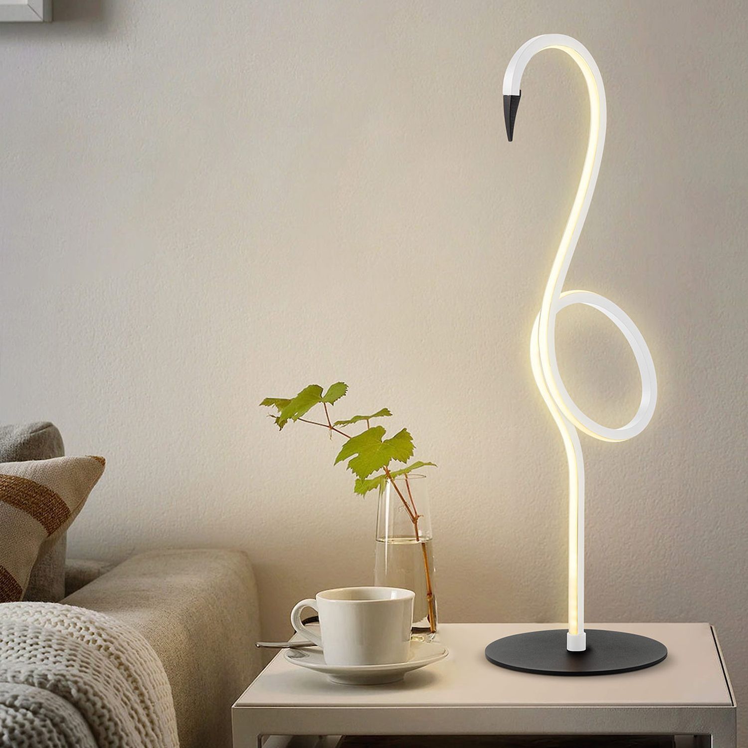 Deko Tischleuchte LED Flamingo 50 cm Weiß Metall 3000 K Lampe, Tasse, Teller, Schreibtisch, Couch