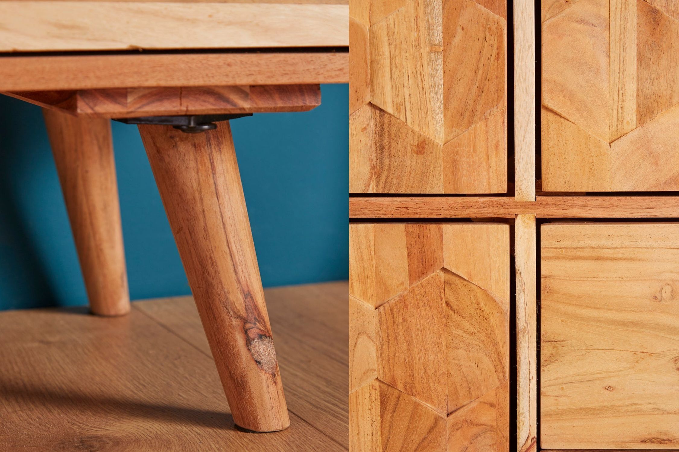 Highboard Holz Akazie 118 x 140 cm 3D-Front Schubladen Türen Hartholz, Holz, Innenarchitektur, Gebeiztes Holz, Sperrholz