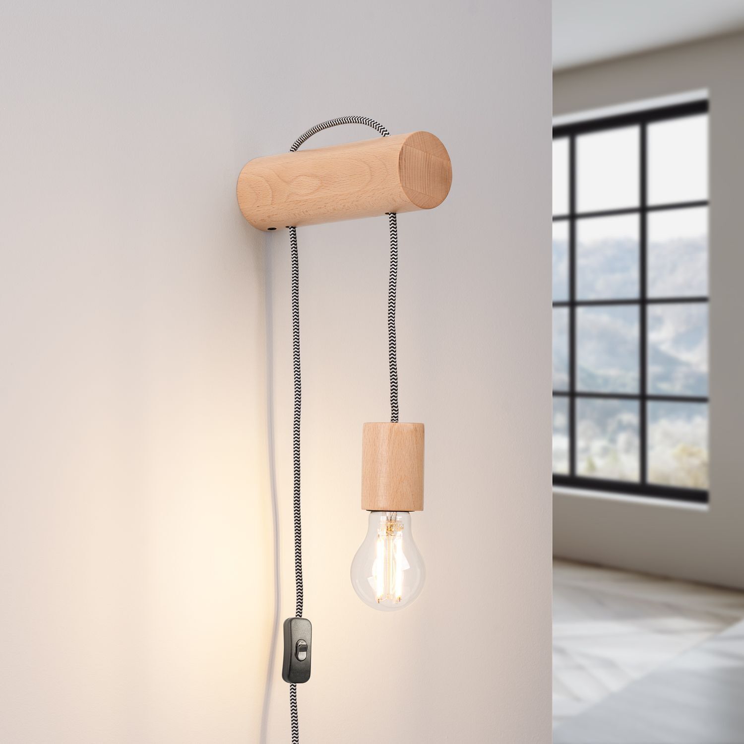 Wandleuchte Holz Natur E27 Schalter Stecker T:19 cm decke, wandlampe, holz, glühbirne, verkabelt
