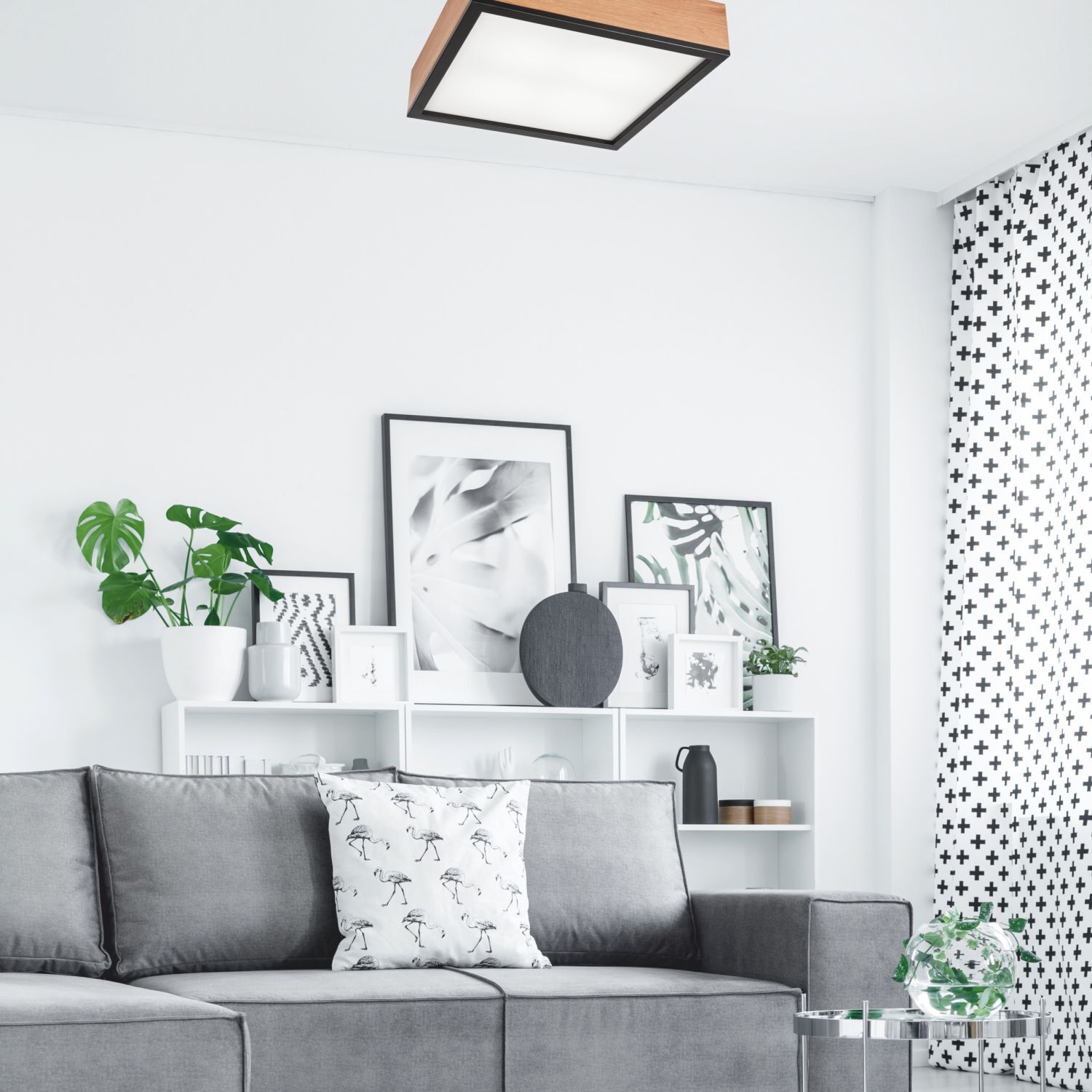 Deckenleuchte Holz B: 39 cm klein quadratisch in Eiche 4x E27 Innenarchitektur, Inneneinrichtung, Wohnzimmer, Kissen, Couch