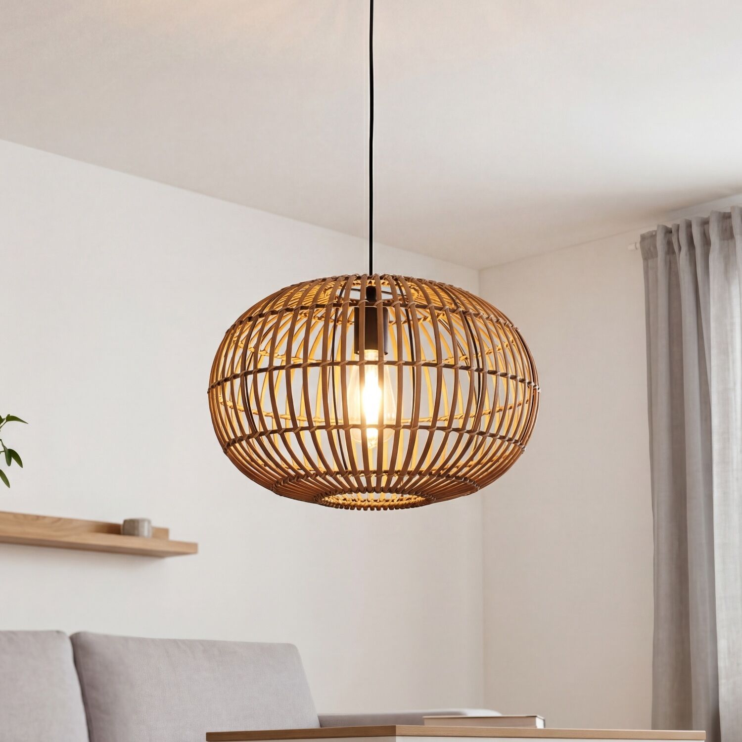 Hängelampe Bambus Natur Schwarz rund Ø40 cm E27 Modern