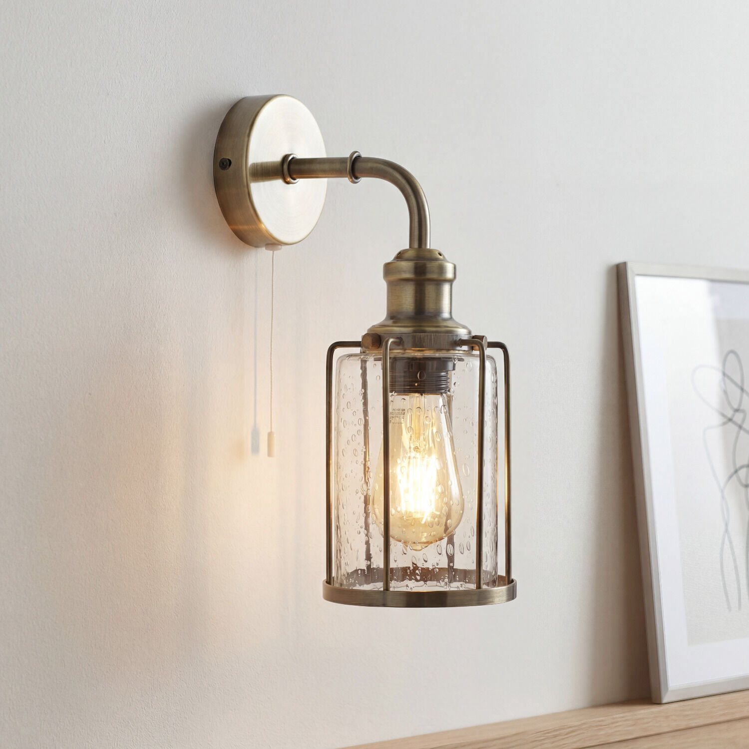 Wandleuchte E27 in Messing Antik Klar Glas Metall Vintage Wandlampe, Wandleuchte, Bronzefarben, Glaszylinder, Glühbirne