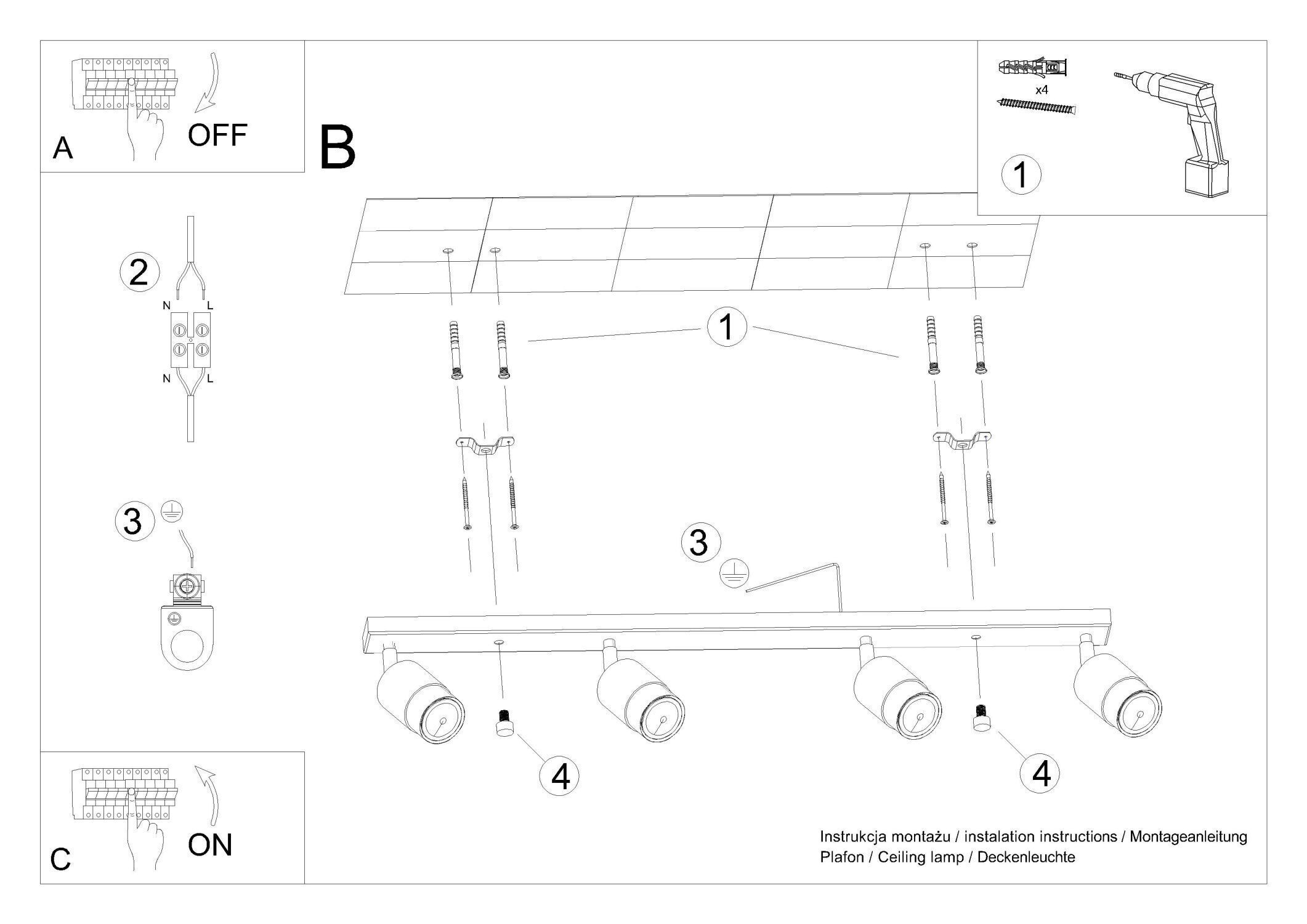 Spot Strahler 4-flammig 81 cm länglich Schwarz Gold GU10 CAD-Diagramm, Diagramm, Handlung