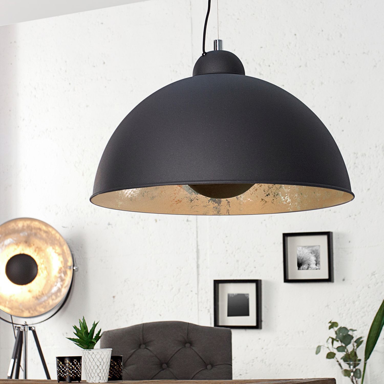 Pendellampe rund Ø55cm Retro Schwarz Silber Lampe