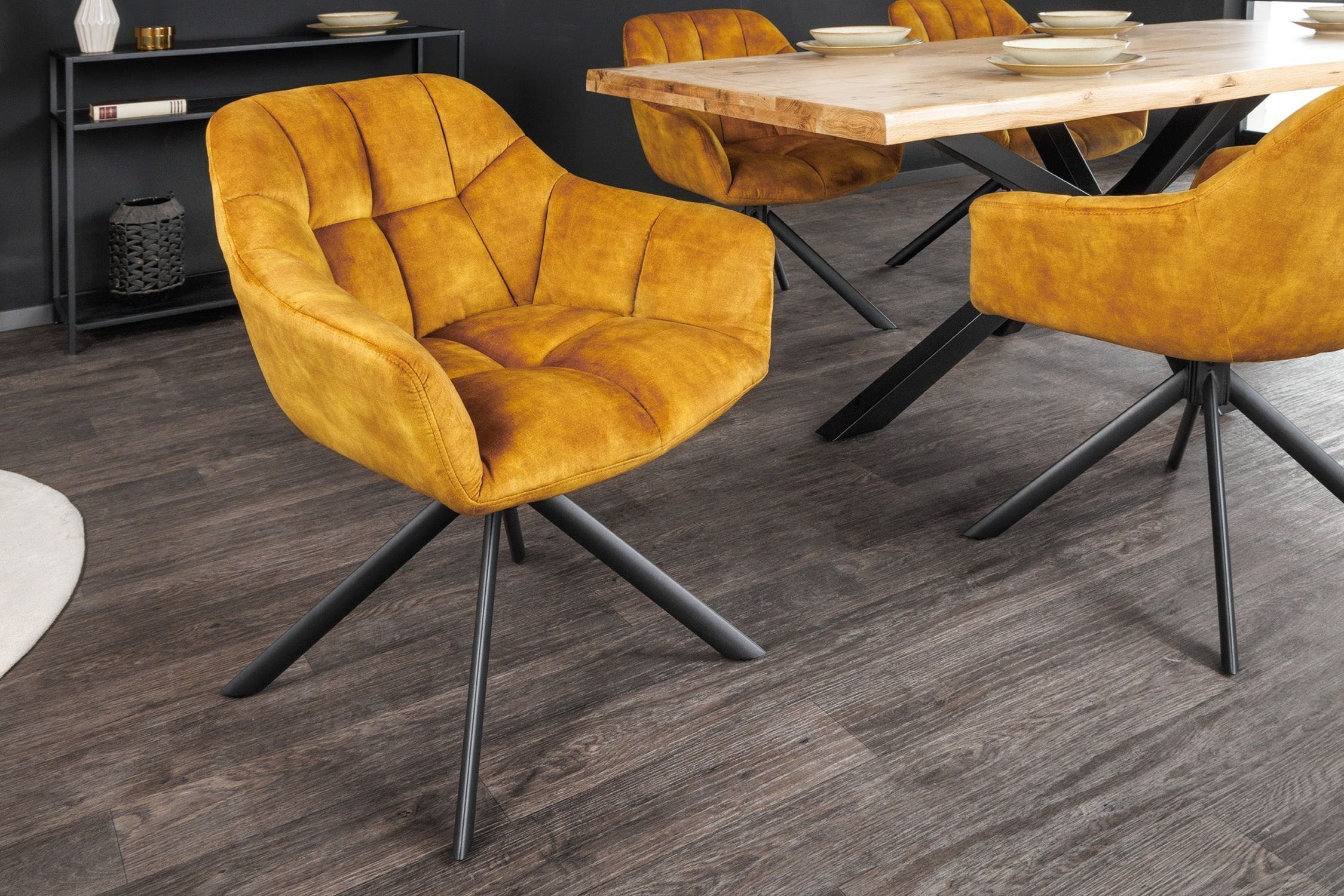 Drehstuhl Samt Metall ohne Rollen in Gelb Schwarz Retro Fußboden, Mobiliar, Holz, Stuhl, Innenarchitektur