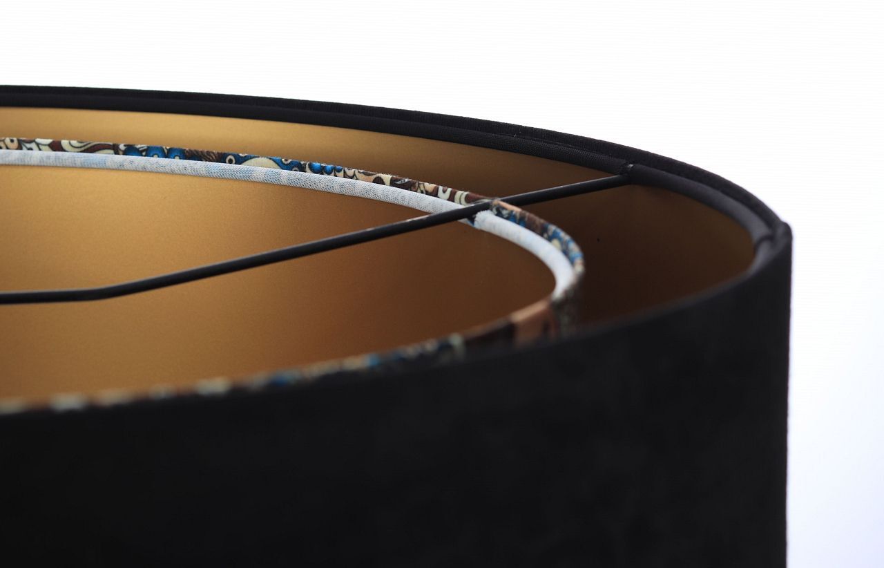 Hängelampe rund D: 50 cm E27 Stoffschirm Schwarz Bunt Gold Hängelampe rund D: 50 cm E27 Stoffschirm Schwarz Bunt Gold