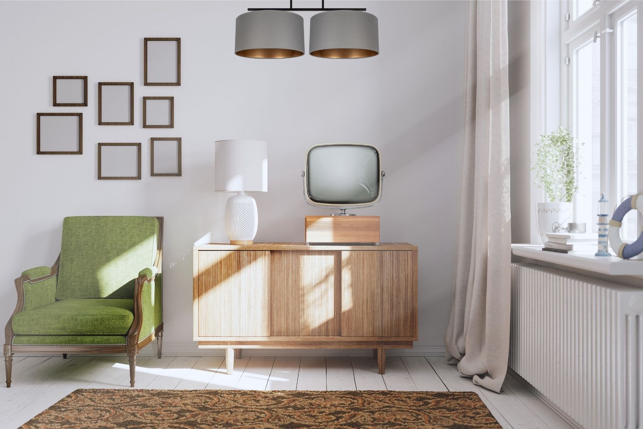 Mid-century Modern, Holzseitentisch, Grüner Sessel, Vintage Fernseher, Lampe