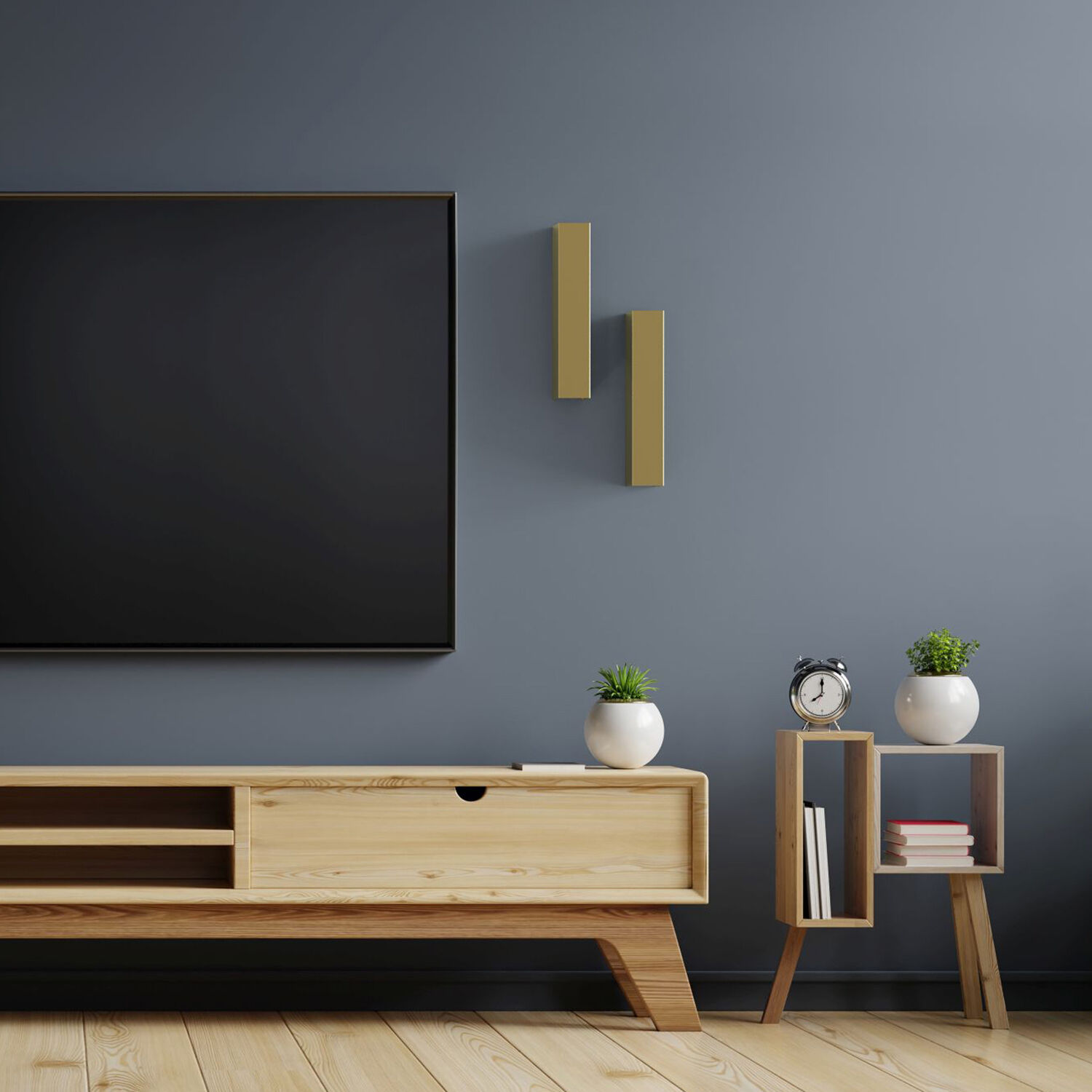 wohnzimmer, tv-möbel, holzkonsole, wanddeko, kleine pflanze