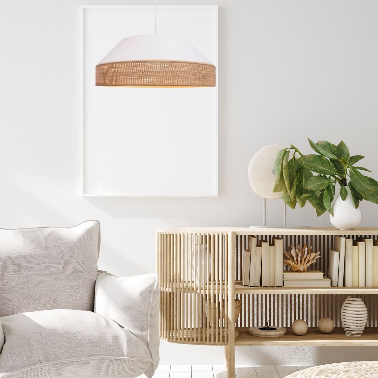 Blendarme Hängeleuchte Stoff Rattan E27 Ø45 cm wohnlich